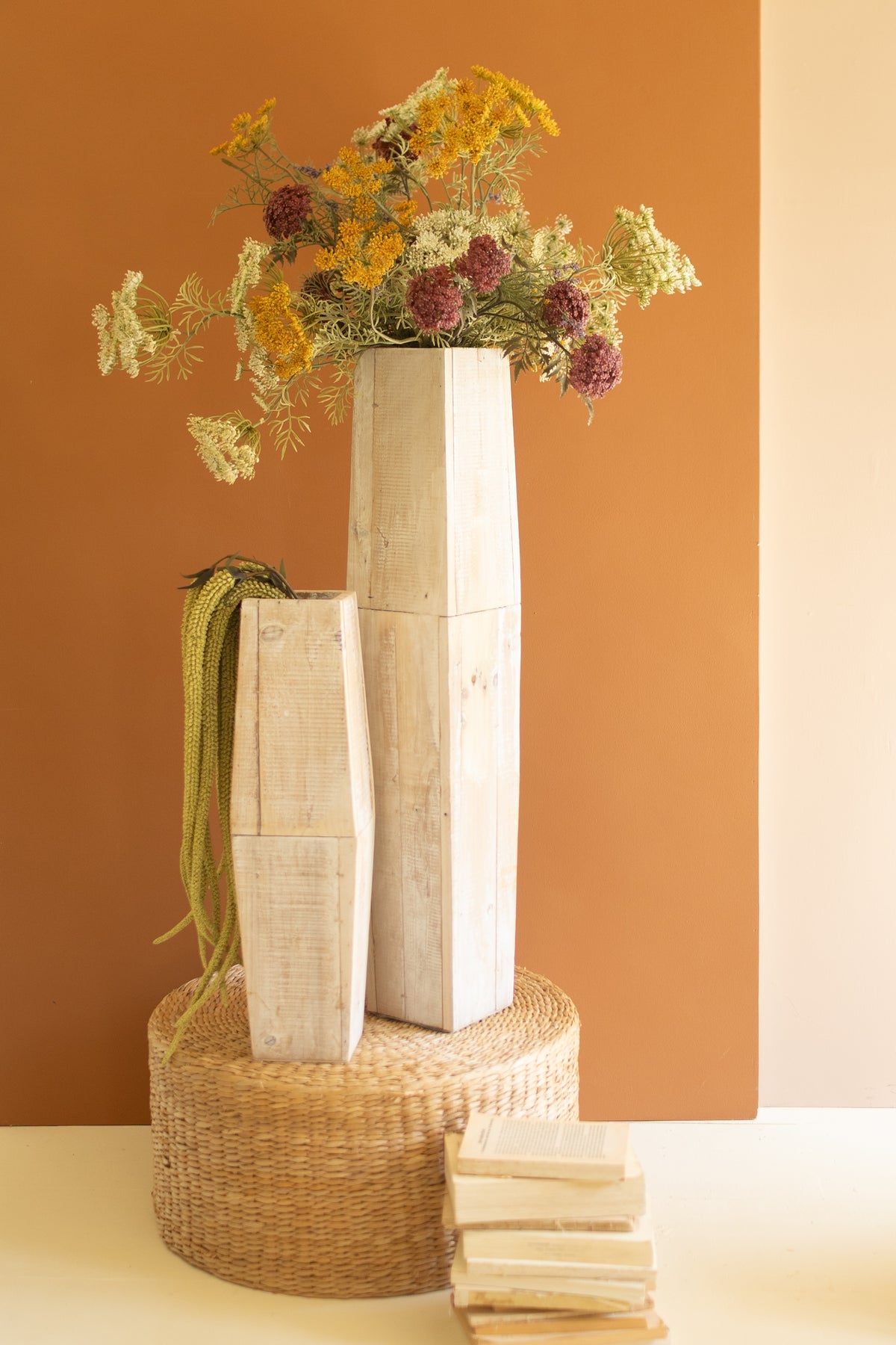 Set of Two White-Washed Tall Oblong Wooden Vases