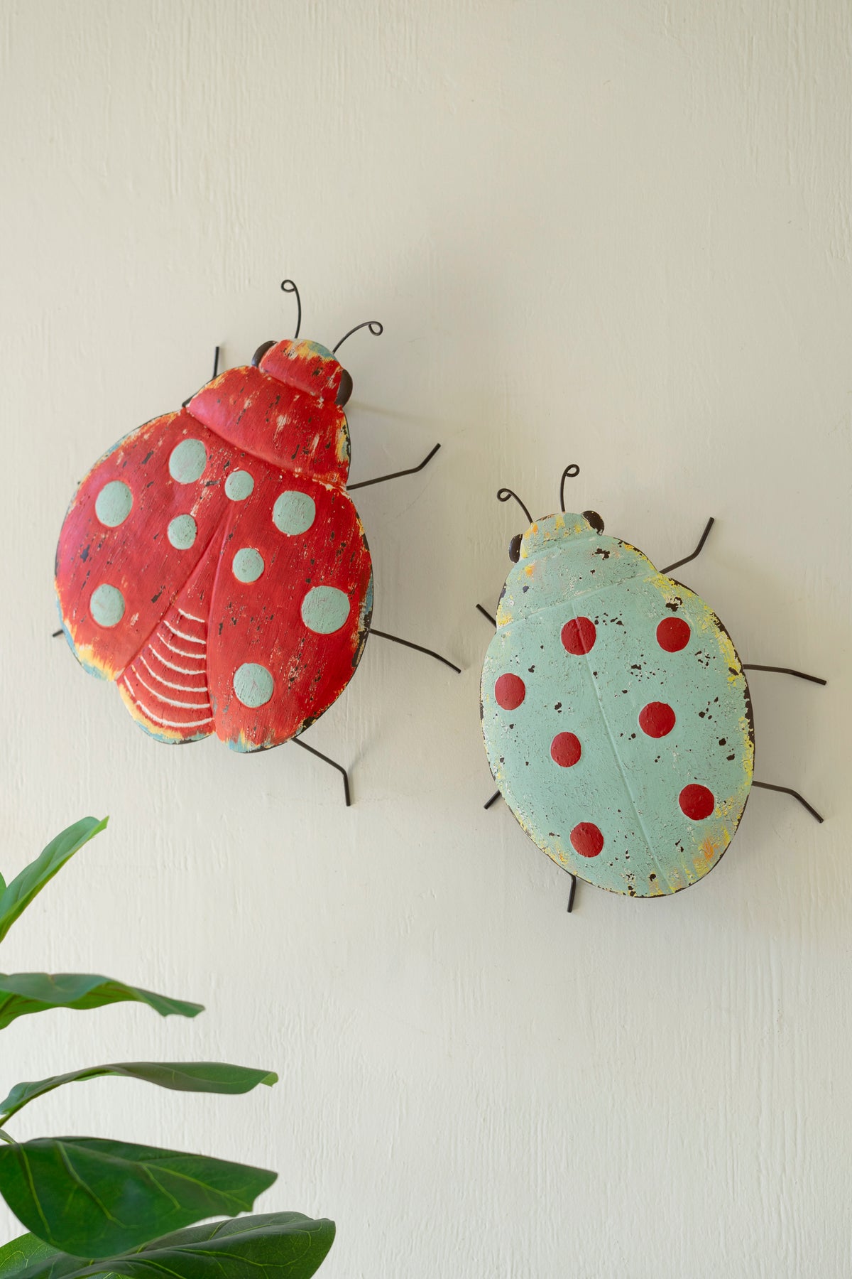 Set of Two Painted Metal Lady Bug Wall Art