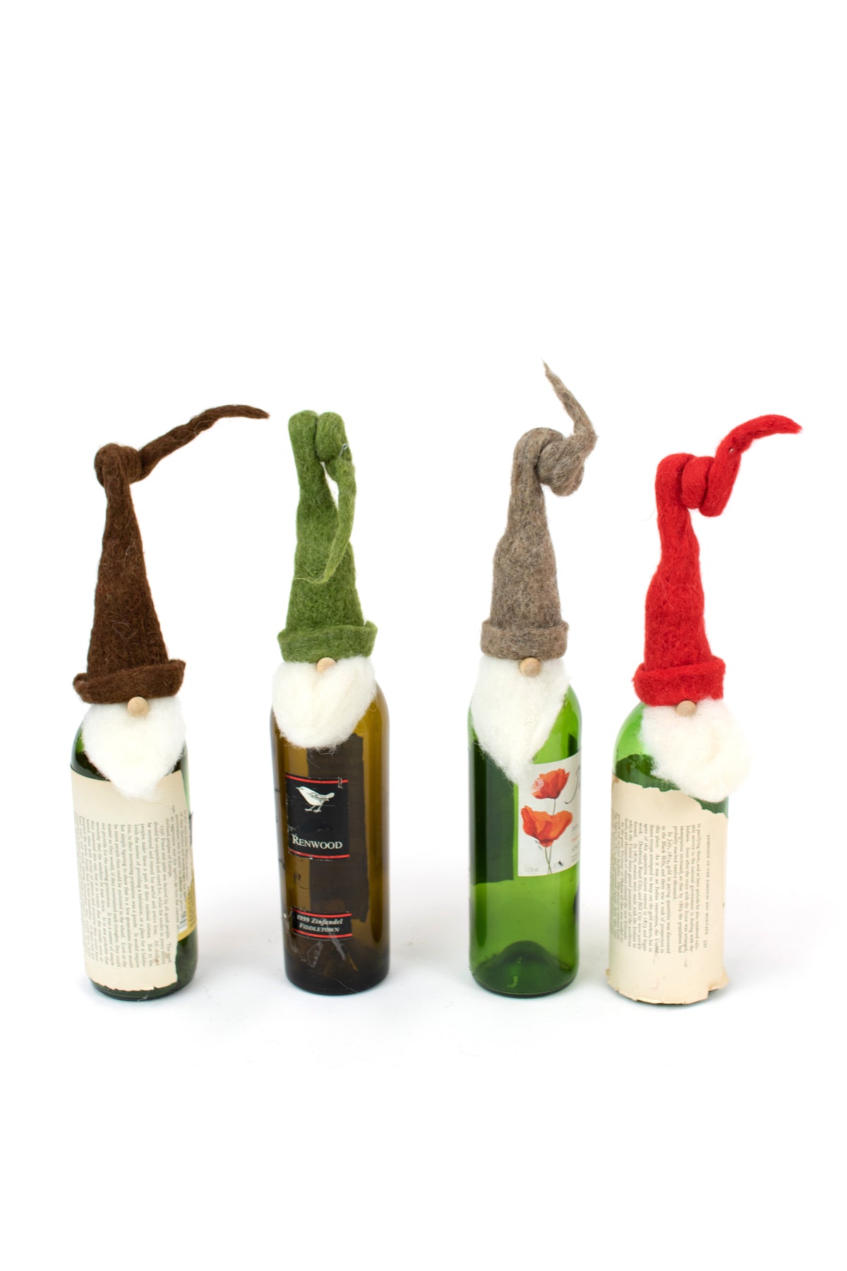 Set of Four Felt Santa Wine Toppers with Curly Hats
