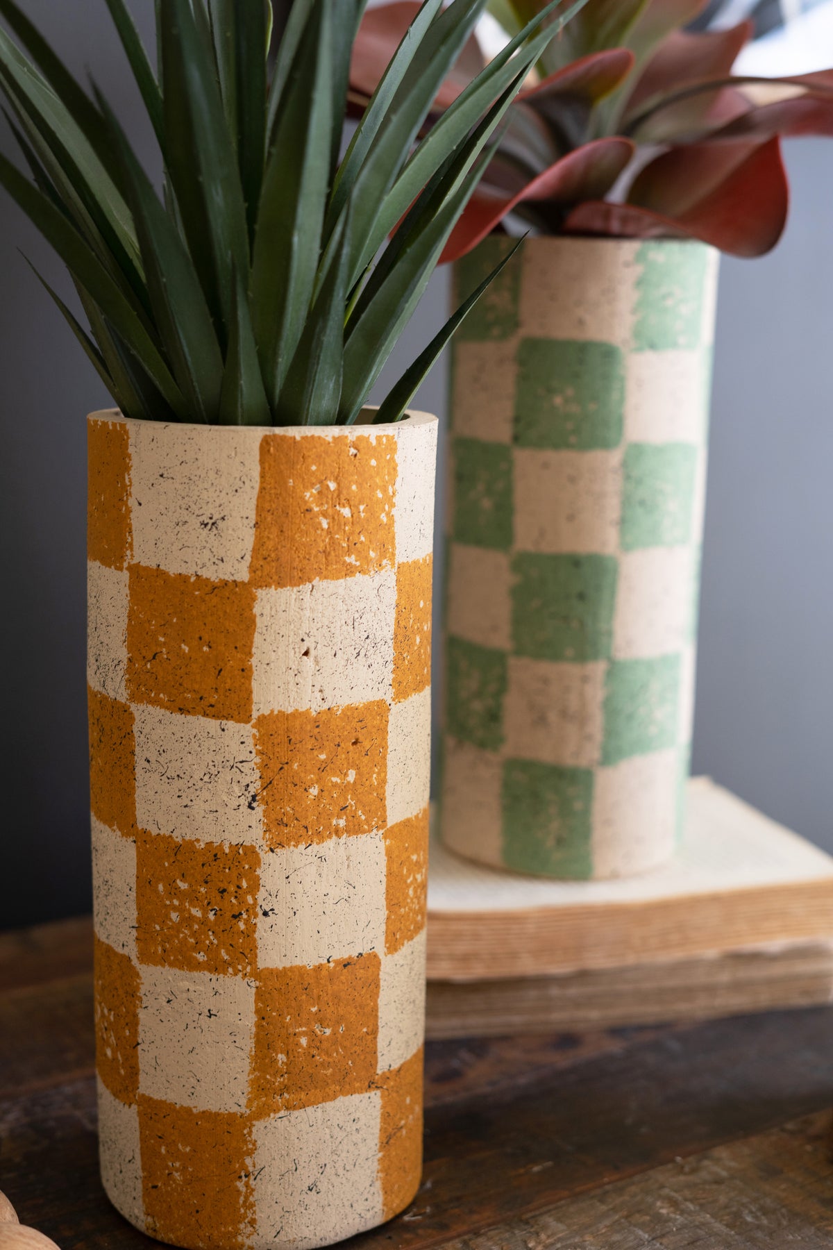 Set of Three Checkered Clay Cylinder Vases