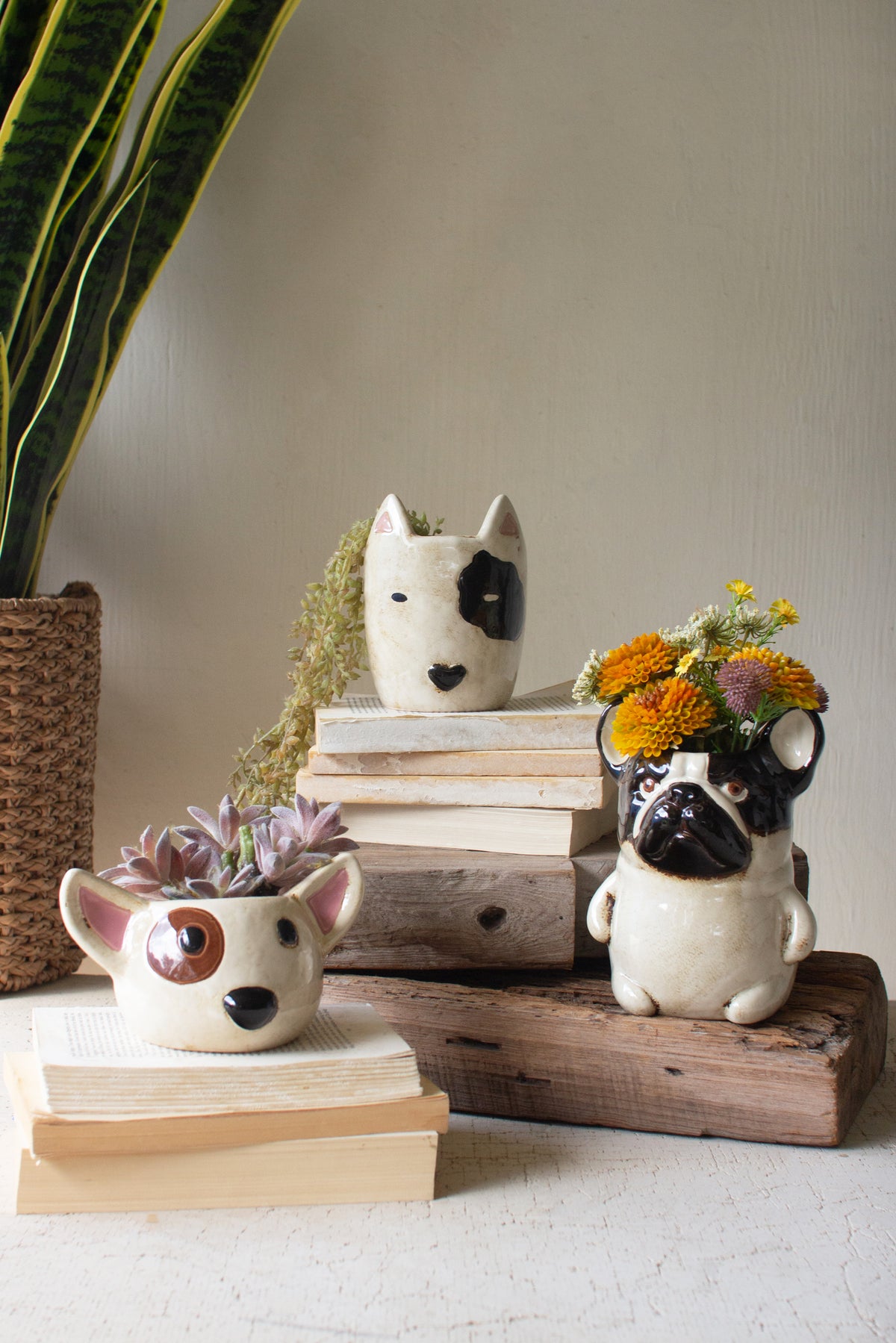 Set of Two Ceramic Black and White Dog Head Planters