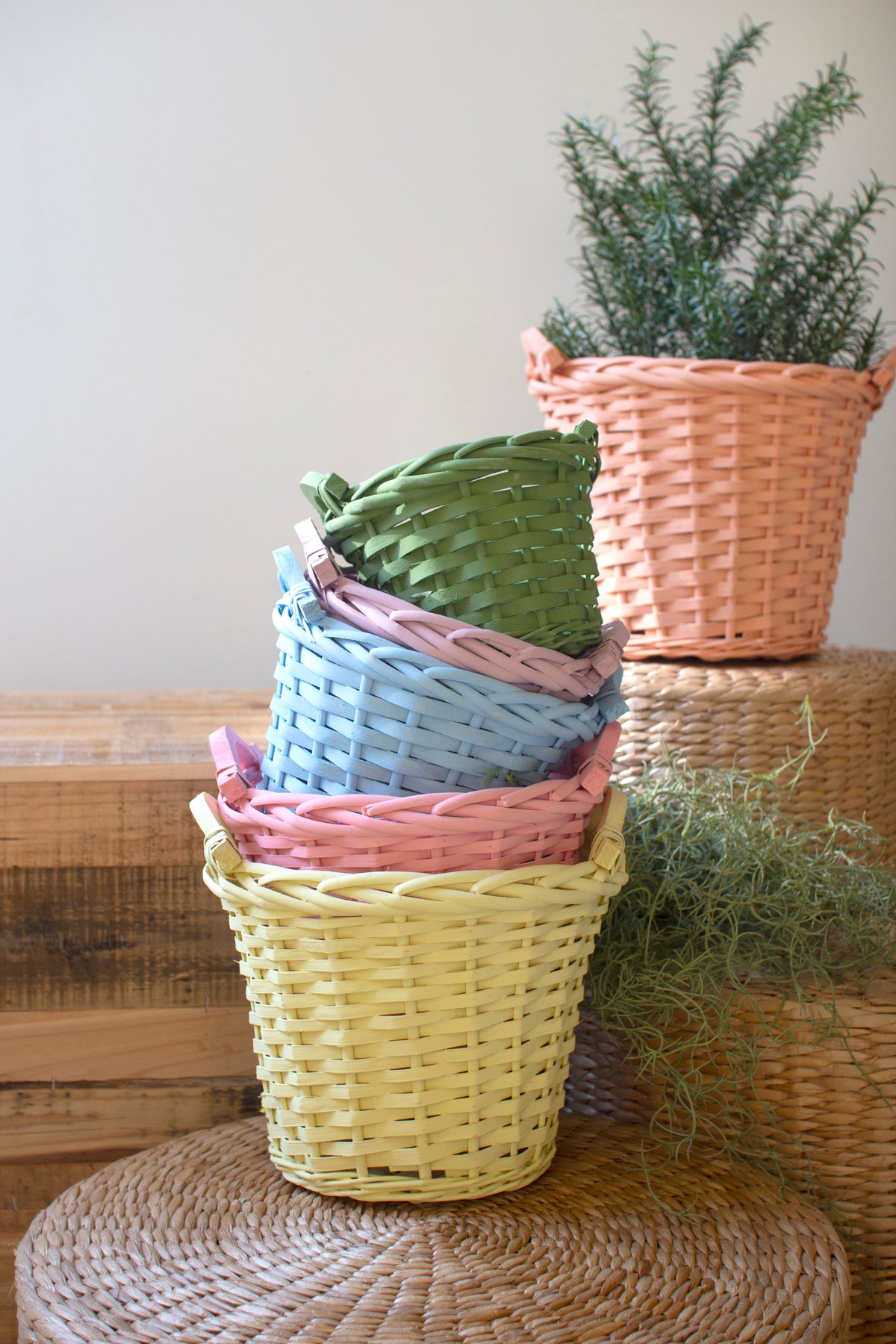 Set of 6 Multi-Color Willow Easter Baskets with Handles