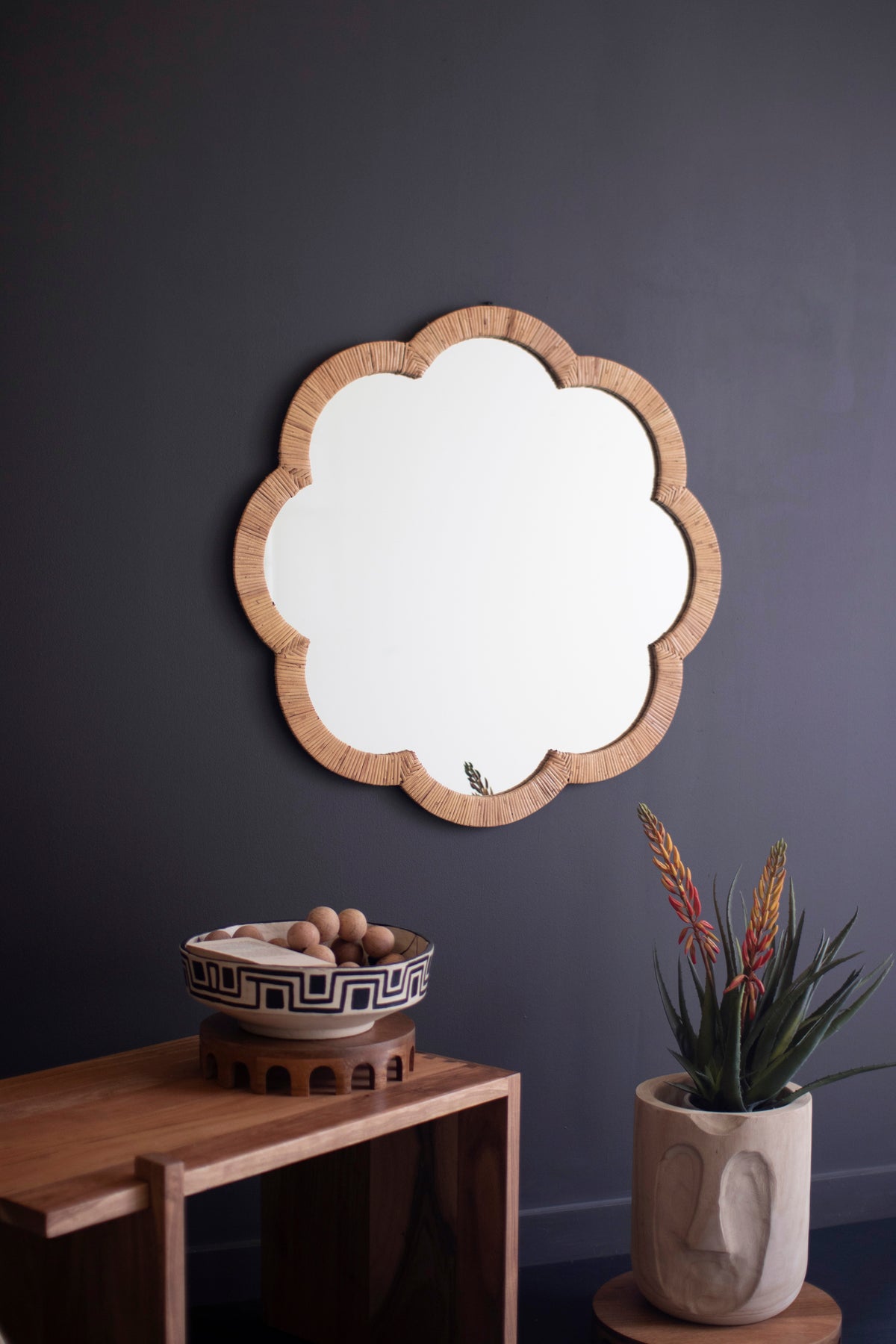 Woven Cane - Wrapped Flower Shaped Framed Mirror