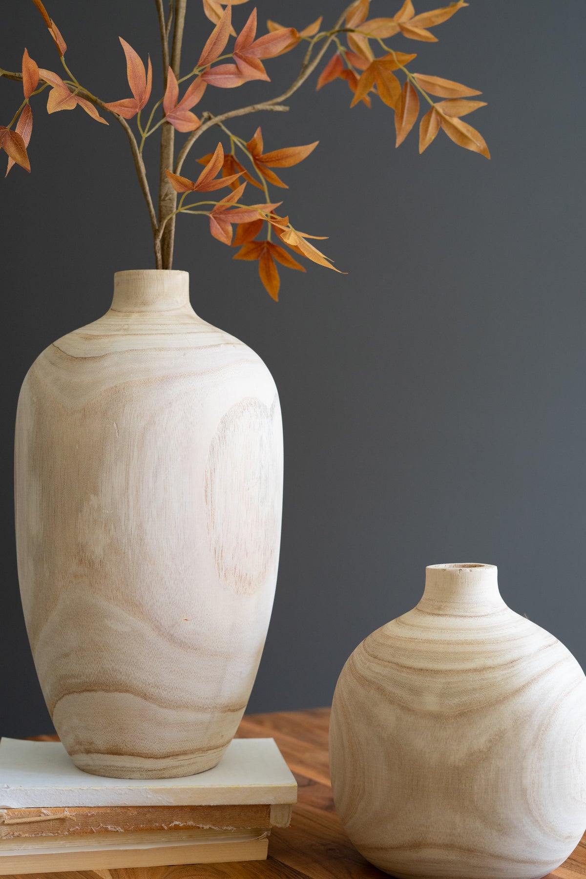 Set of Five Carved Wooden Bulb Vases - One Each Design