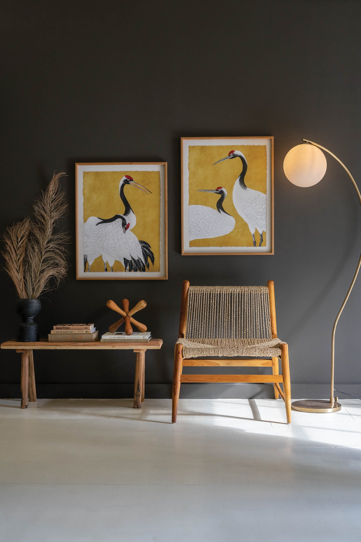 Set 2 Framed Prints Under Glass -Black White and Red Herons