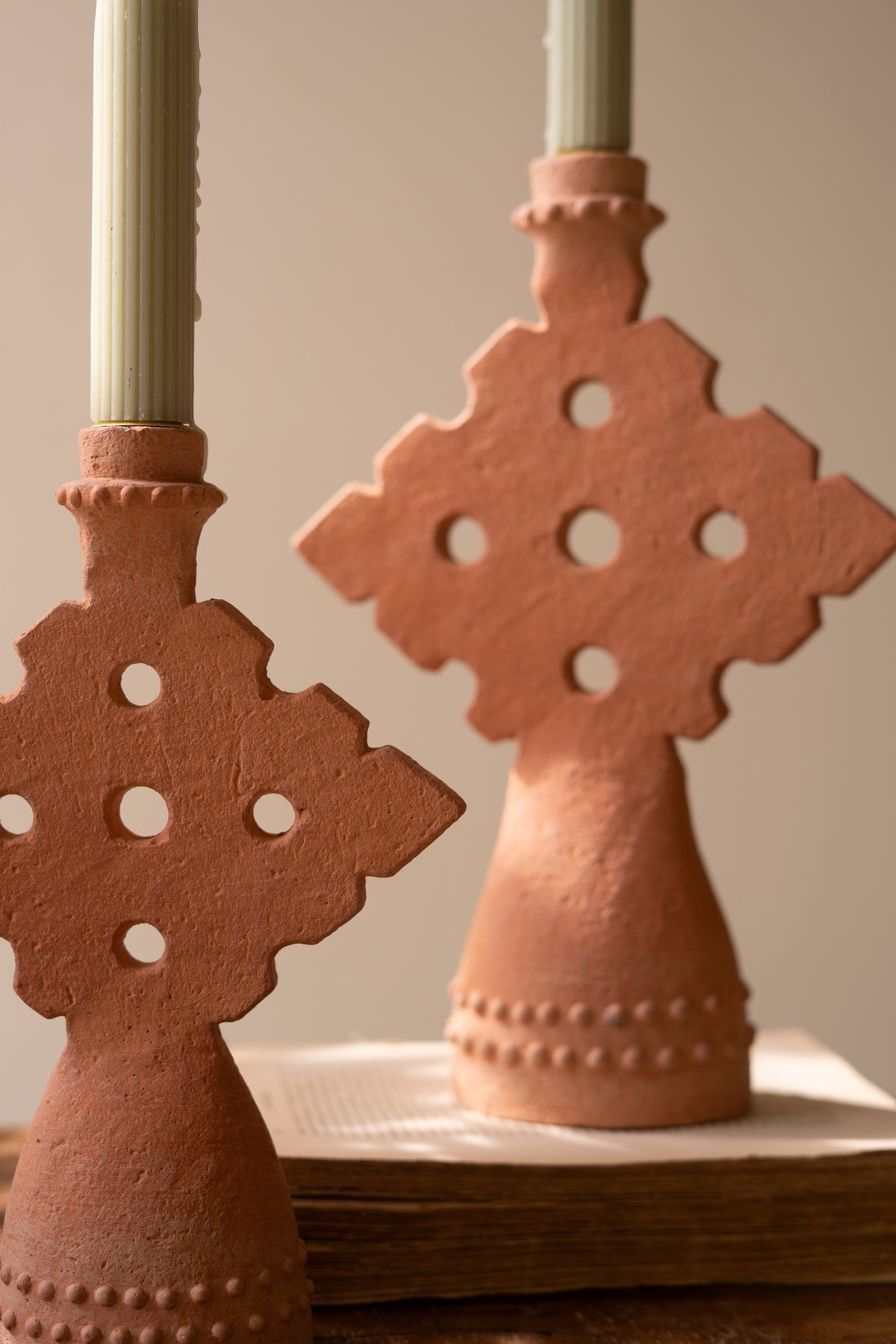 Set of Two Terracotta Taper Candle Holders
