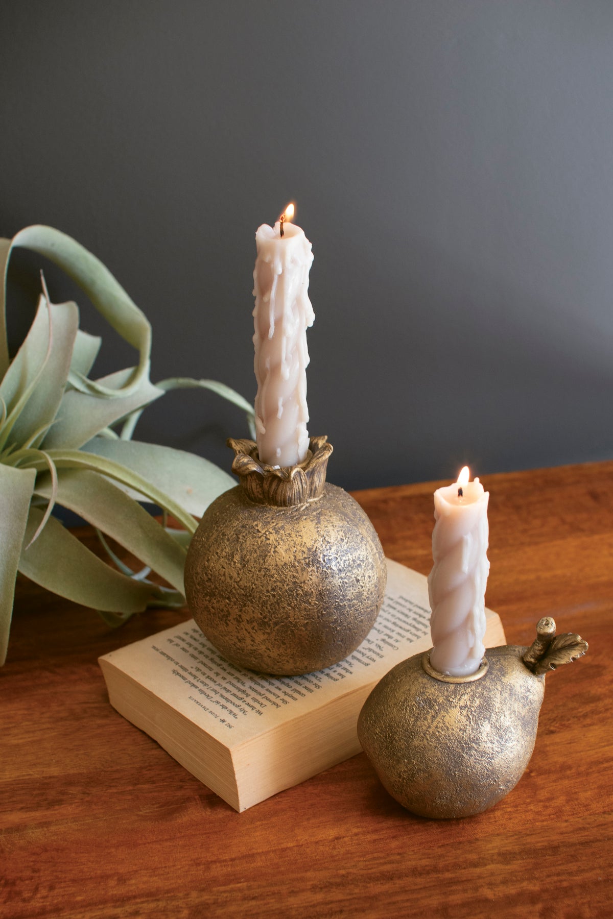 Set of Two Gold Resin Candle Holders - Pomegranate, Pear