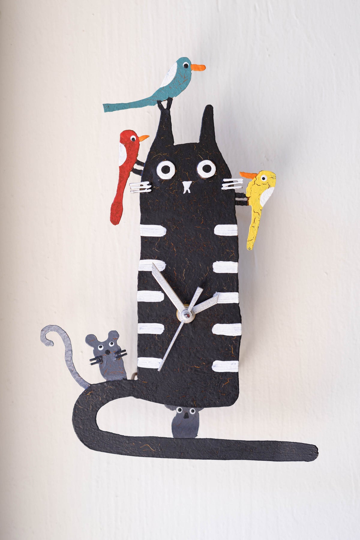 Hand Painted Wall Clock - Black Cat with Birds
