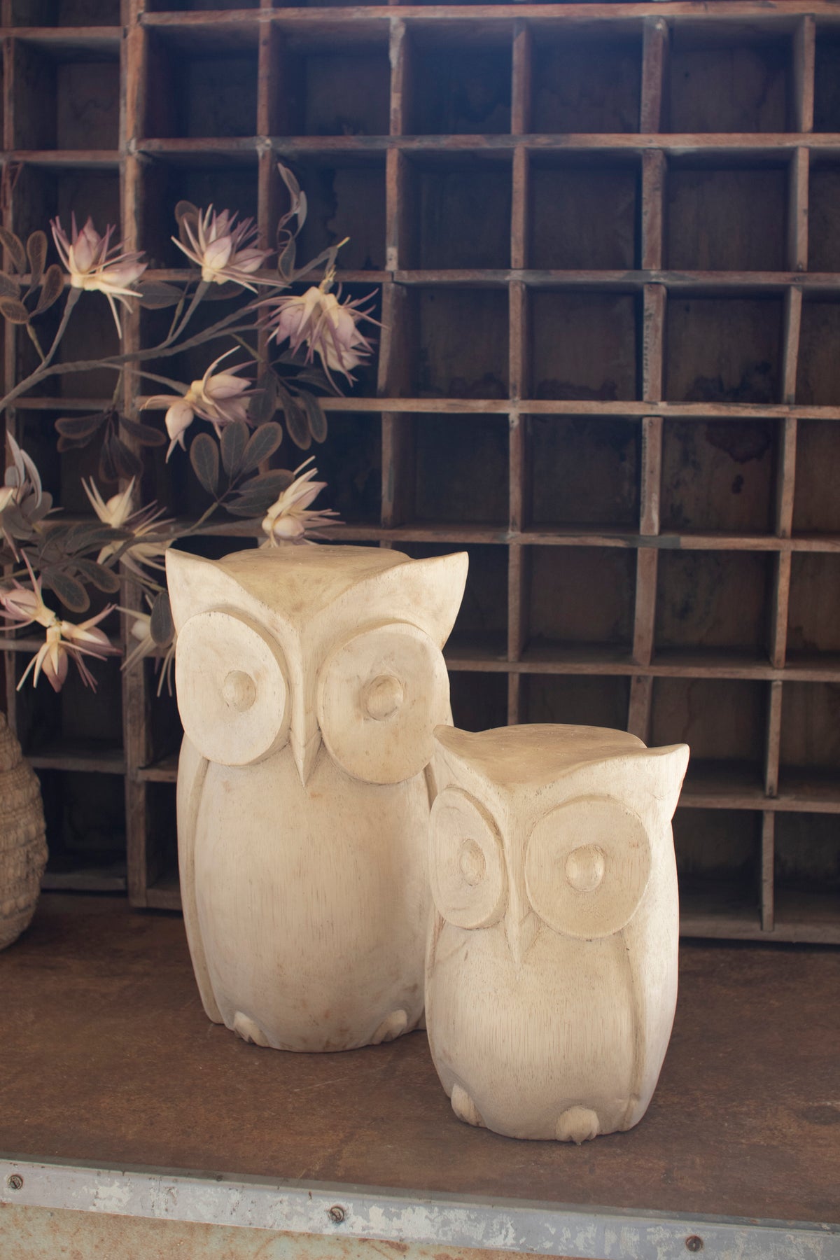 Set of Two Carved Wooden Owls