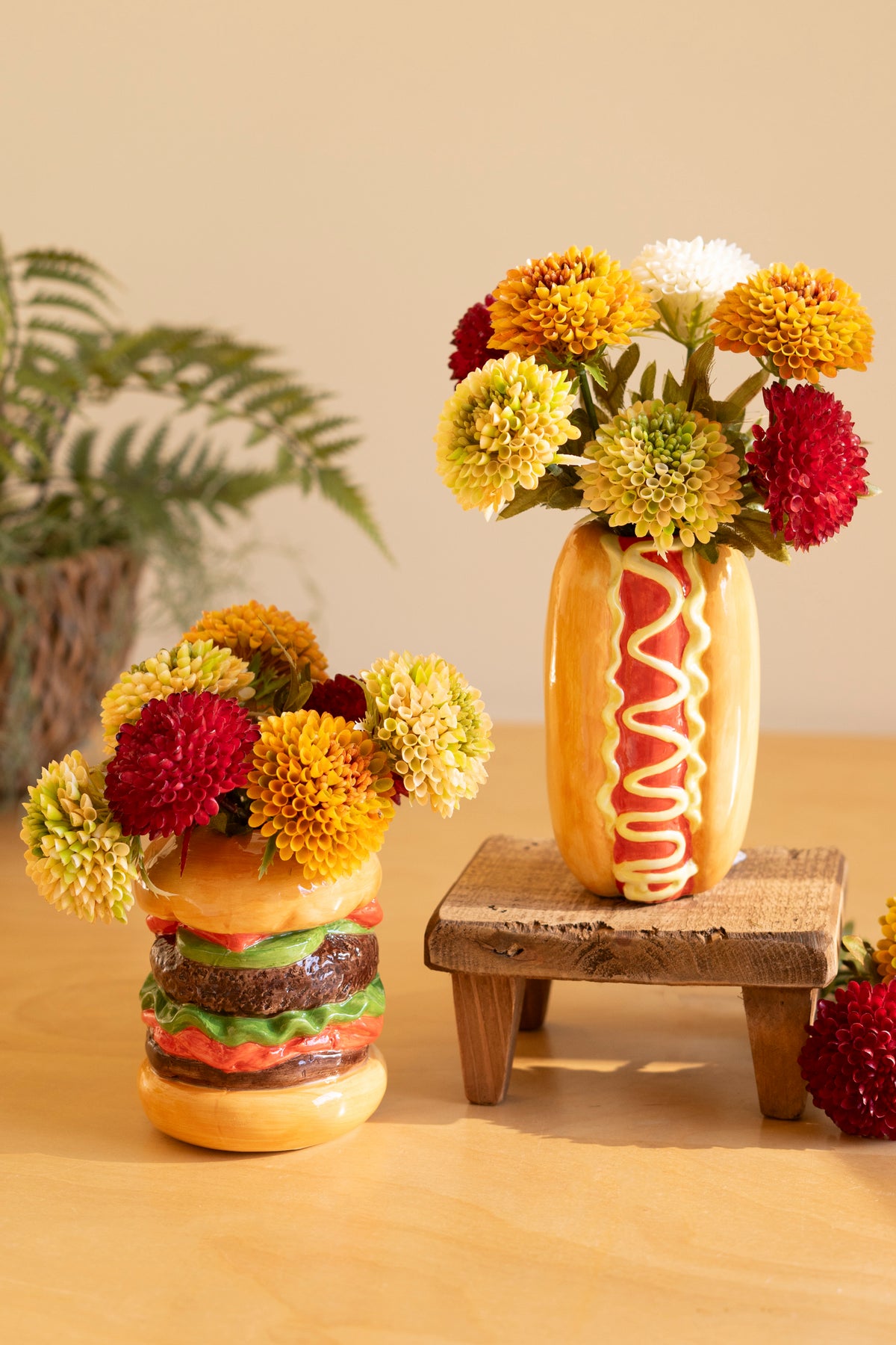 Set of Two Ceramic Hamburger and Hotdog Vases