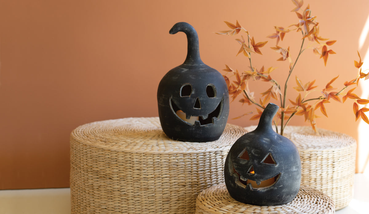 Set of Two Black Clay Jack-O-Lanterns