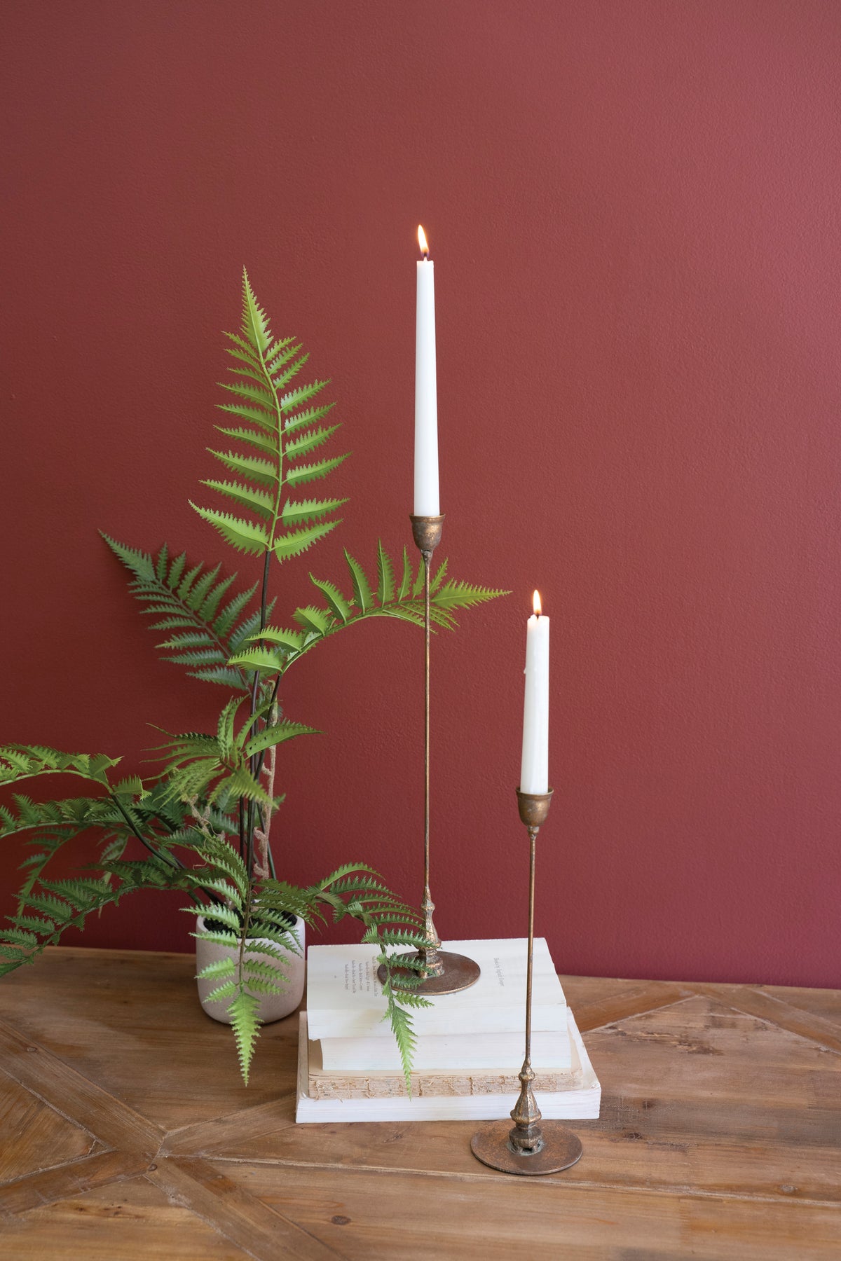 Set of Two Tall Antique Brass Taper Candle Holders
