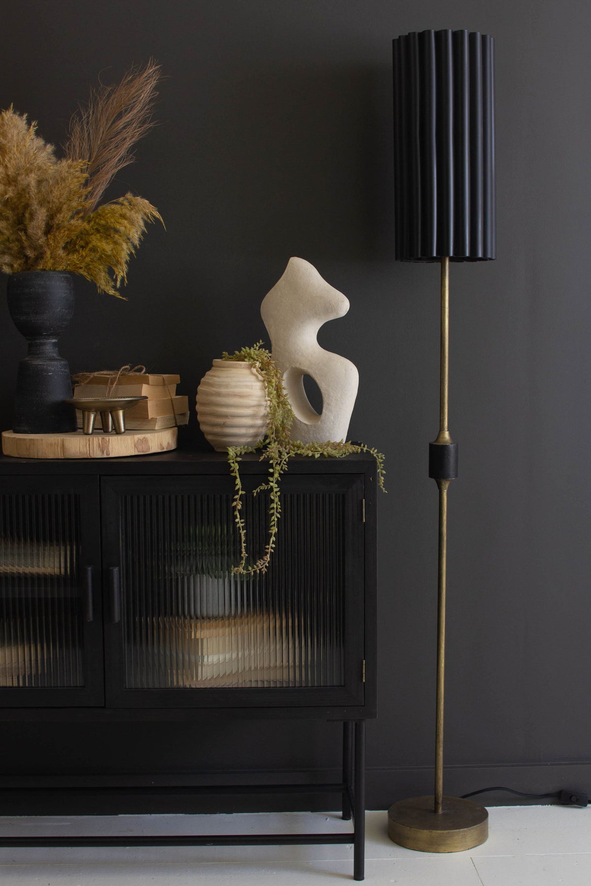 Antique Gold Floor Lamp with Fluted Black Metal Shade