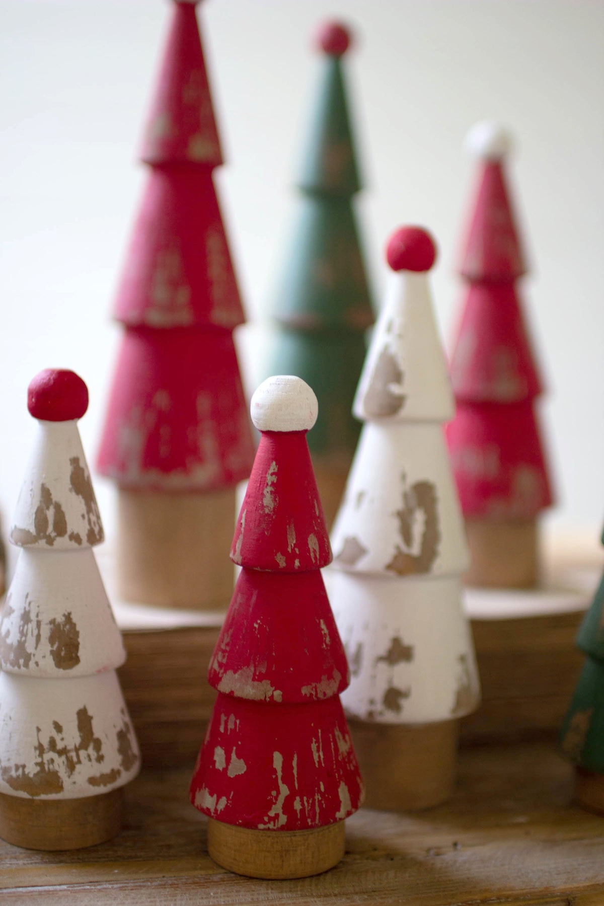 Set of Nine Turned Wood Painted Christmas Trees