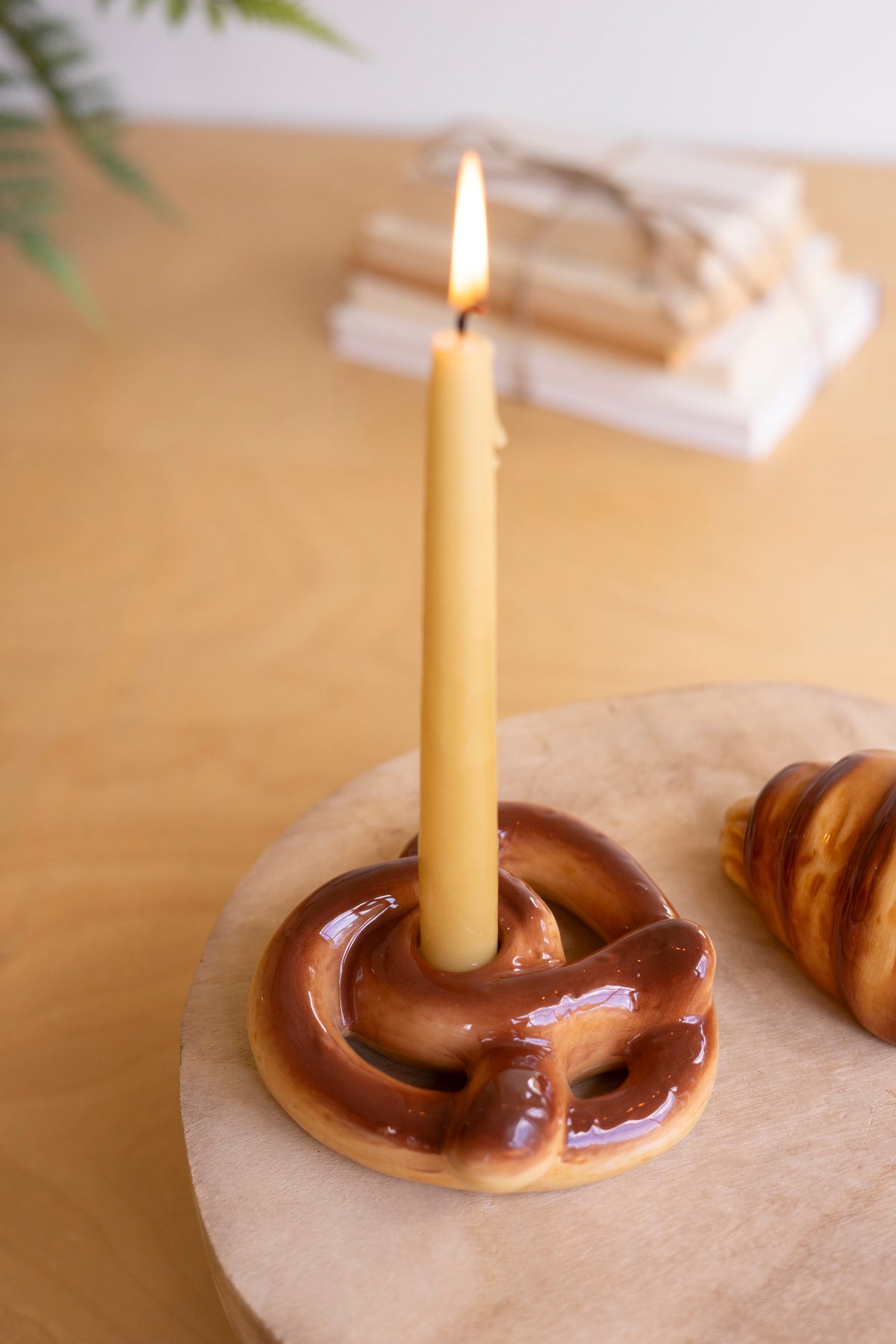 Set of Two Ceramic Croissant and Pretzel Candle Holders
