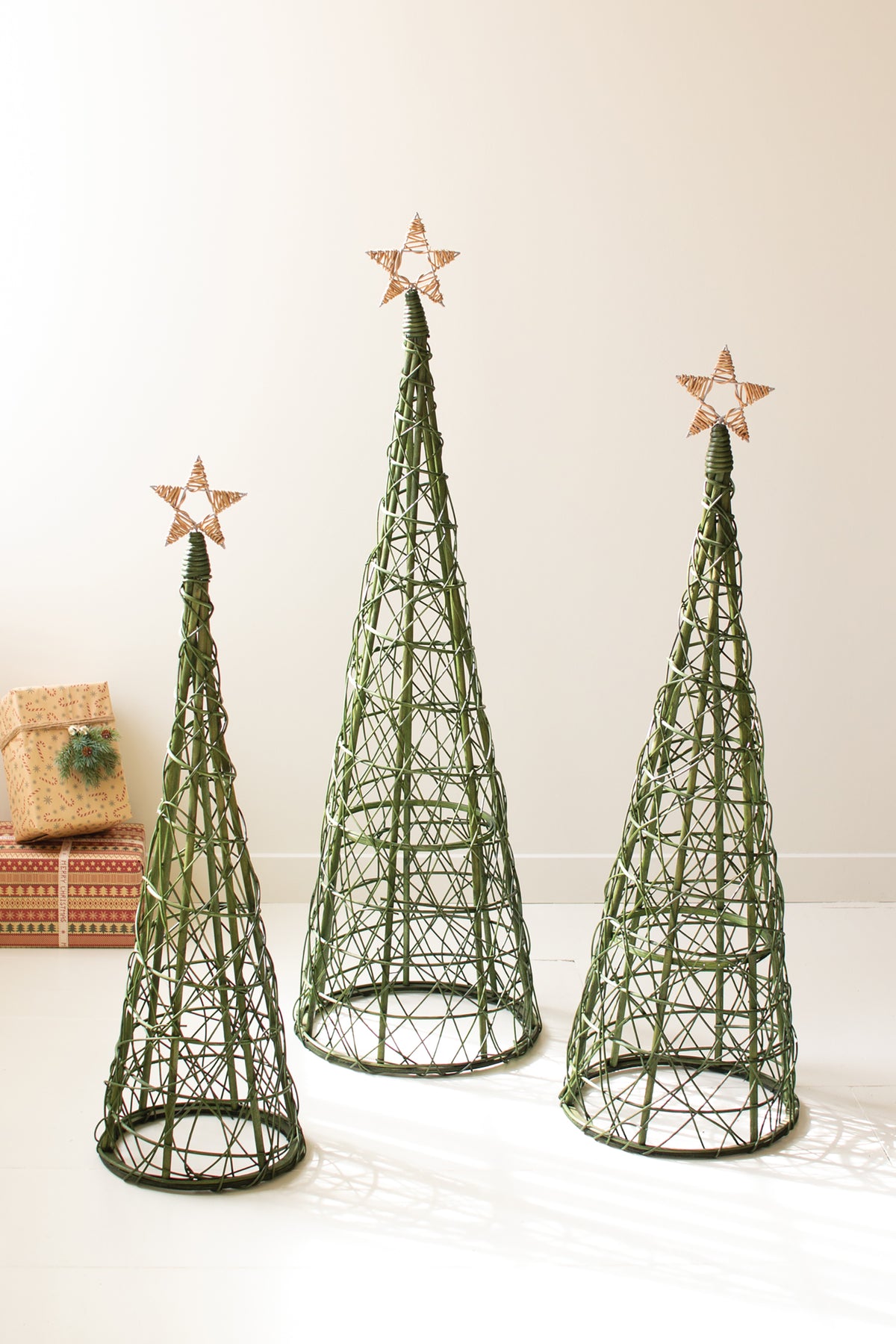 Set of Three Christmas Topiaries - Green with Natural Star