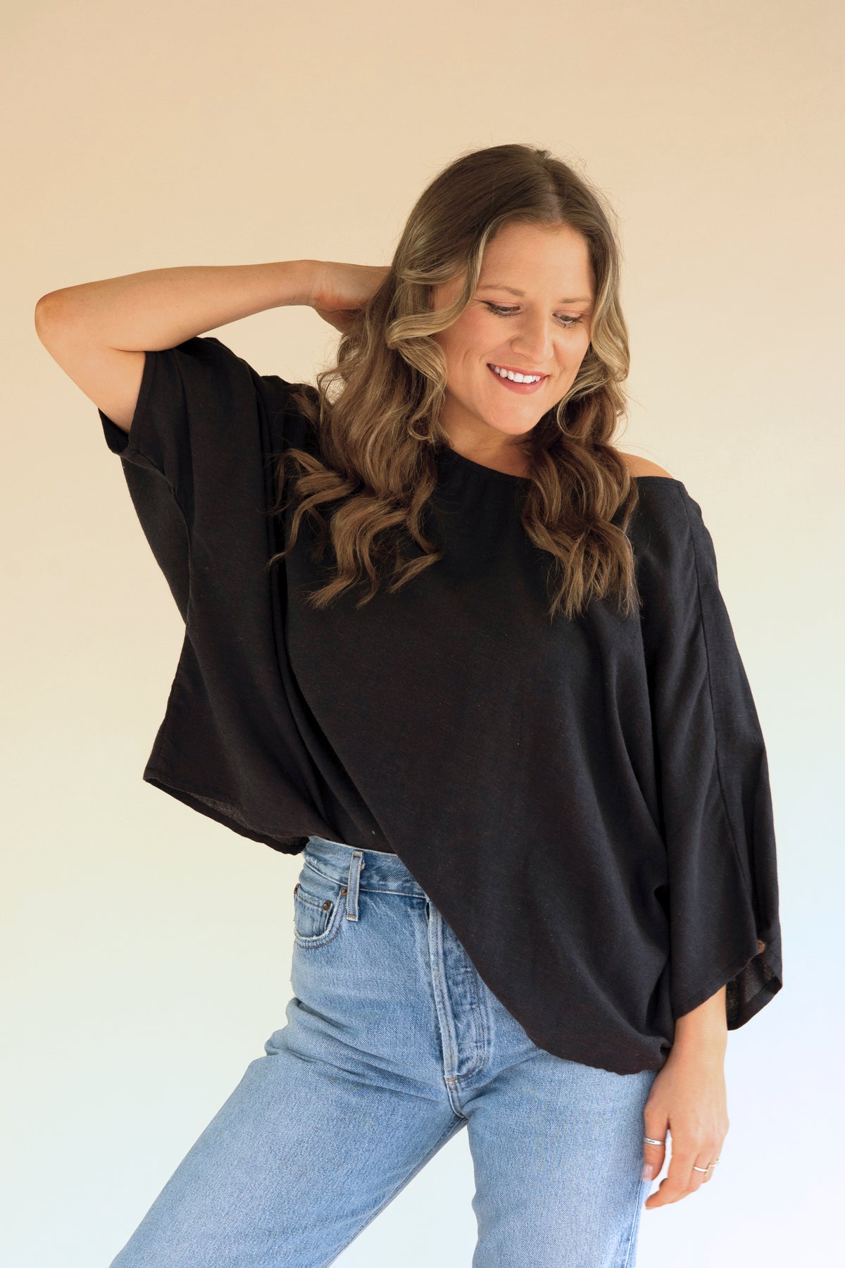 Short-Sleeve Blouse with Button on Sleeves - Midnight