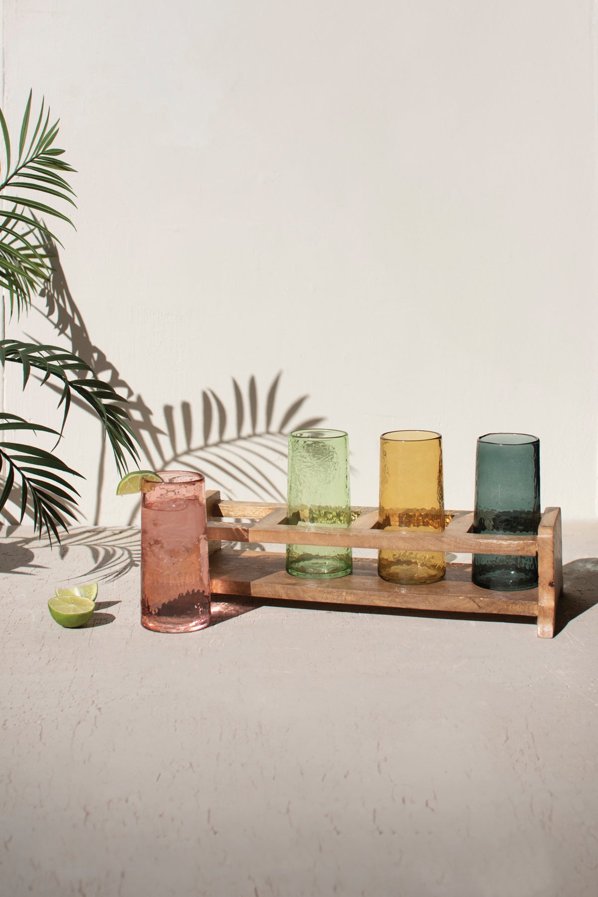 Four Cocktail Glasses with Wooden Tray - One Each Color