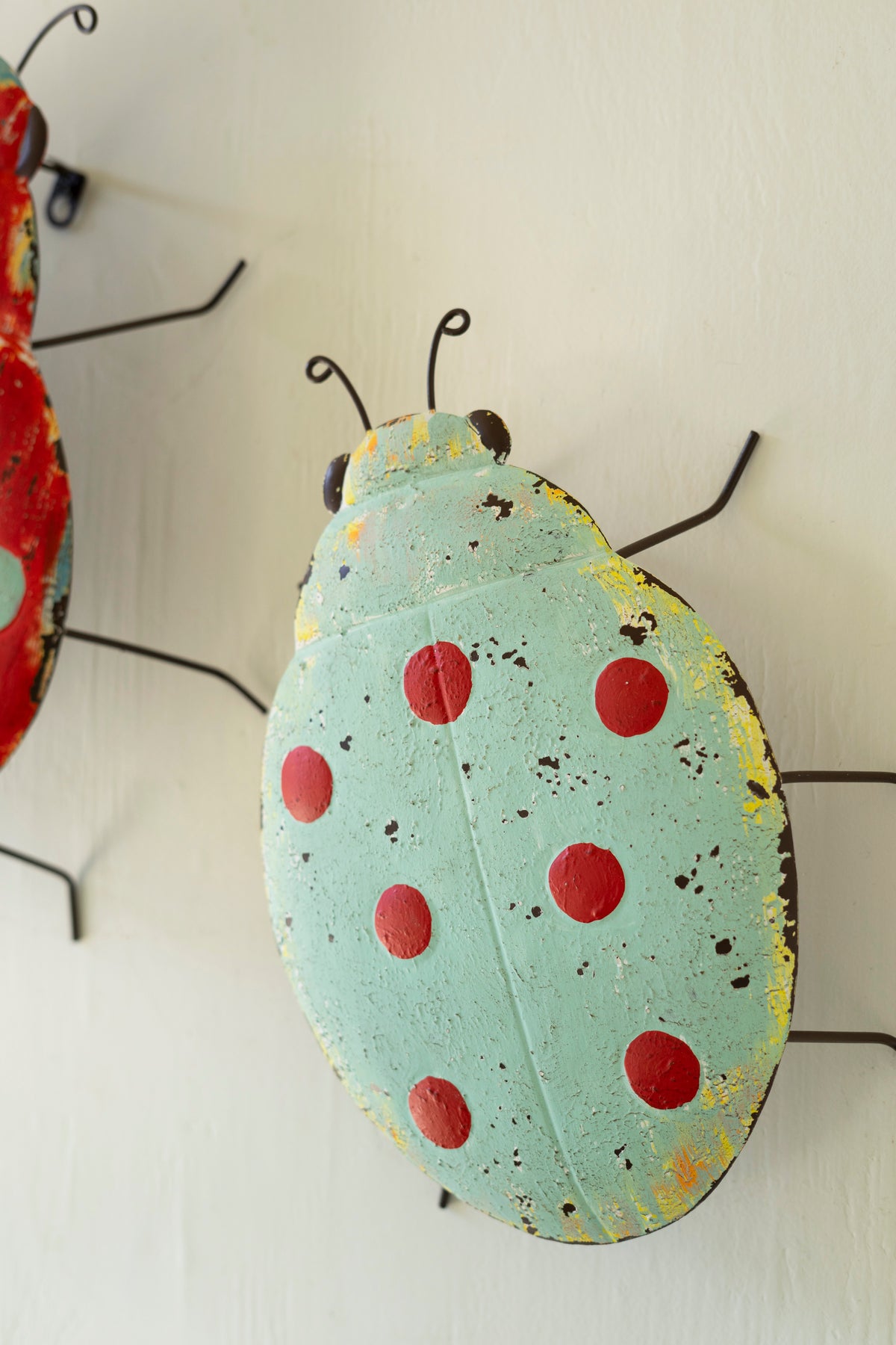 Set of Two Painted Metal Lady Bug Wall Art