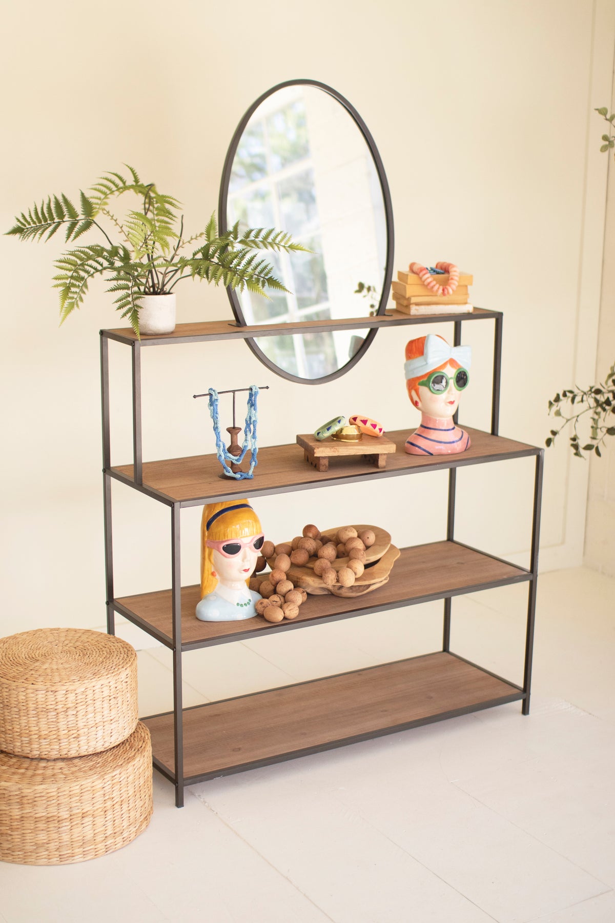 Metal and Wood Display Shelves with Mirror