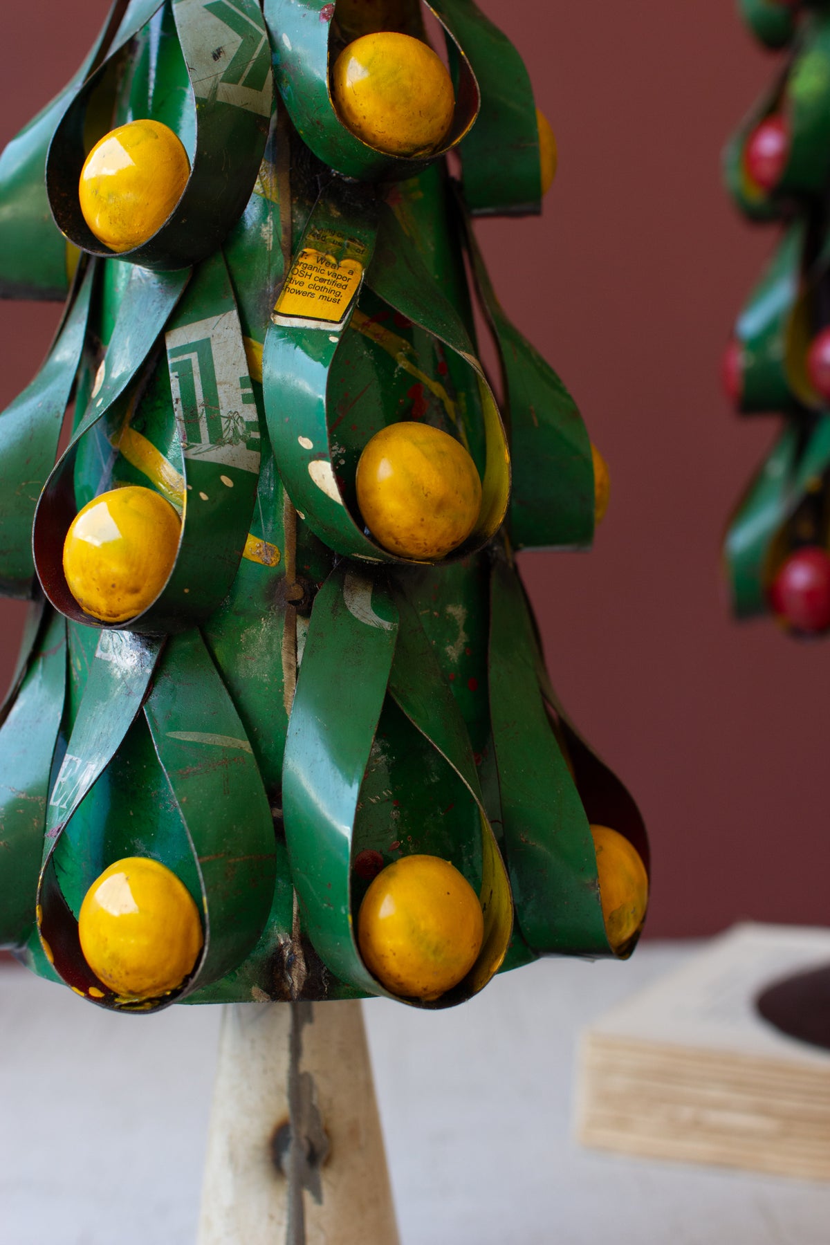 Set of Two Recycled Metal Christmas Trees W Apples & Lemons