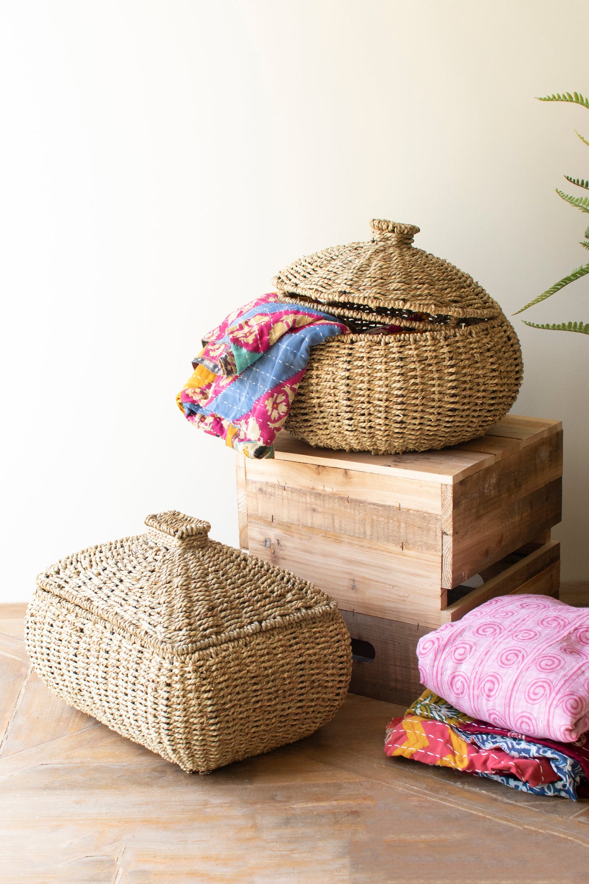 Set of Two Woven Vine Baskets with Lids - One Each Design