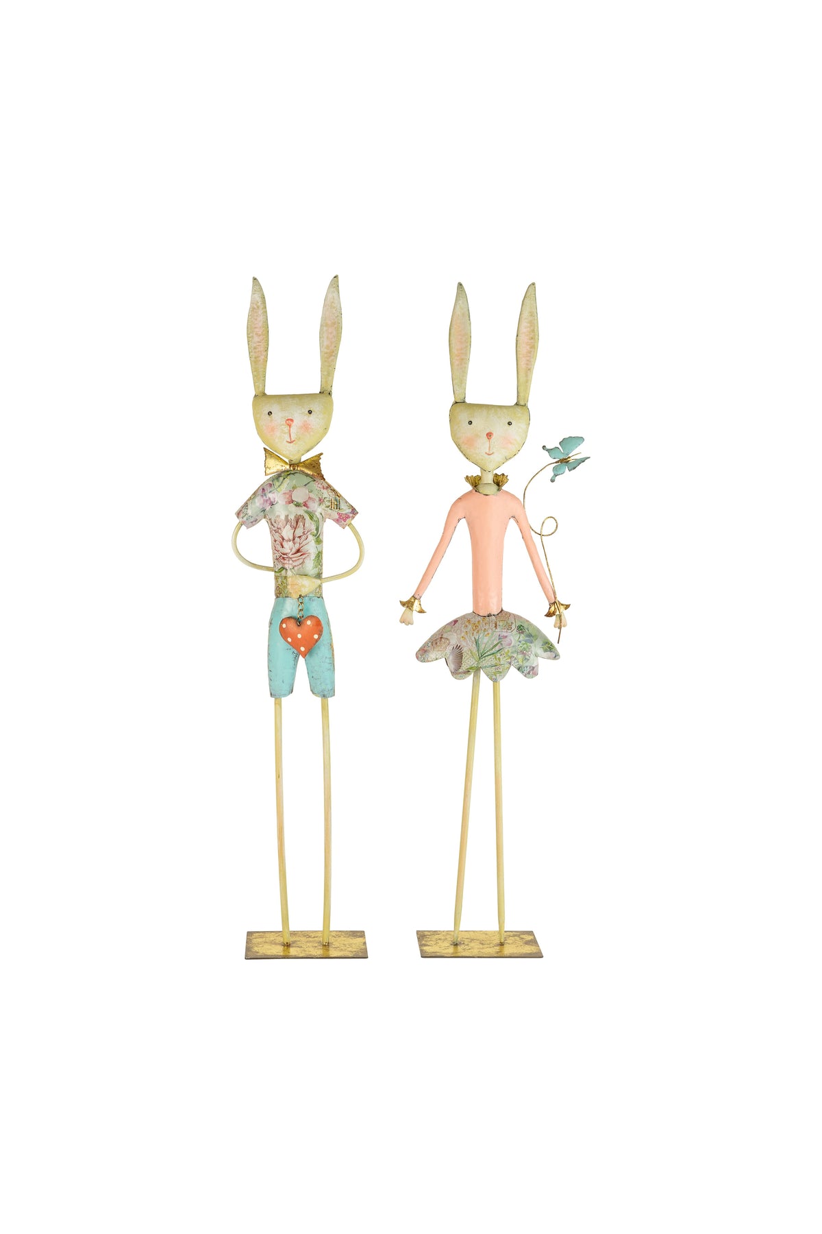 Set of Two Painted Metal Long-Legged Boy and Girl Rabbits