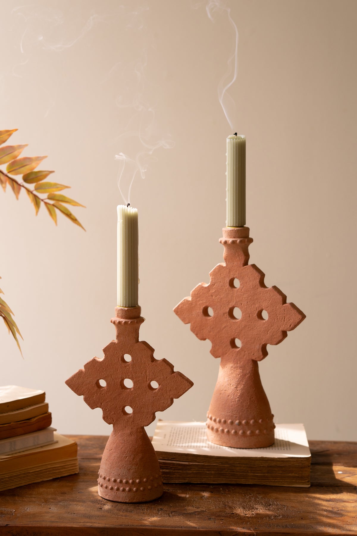 Set of Two Terracotta Taper Candle Holders