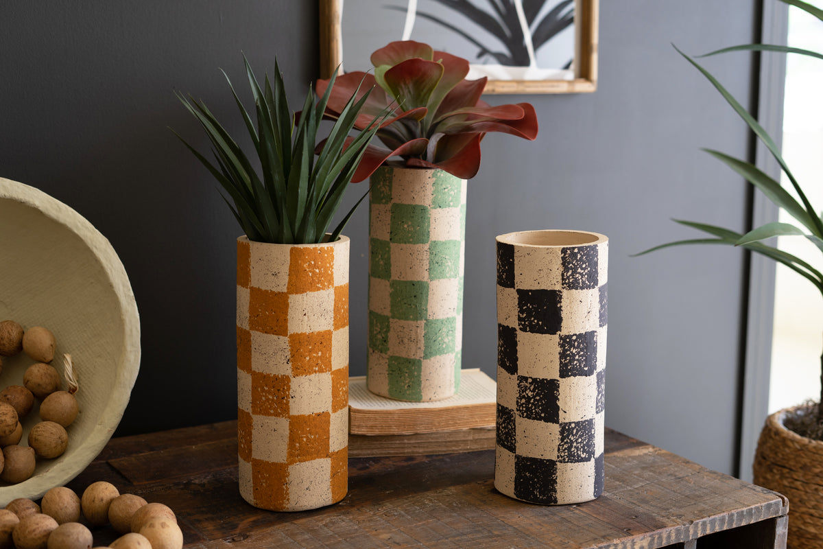 Set of Three Checkered Clay Cylinder Vases