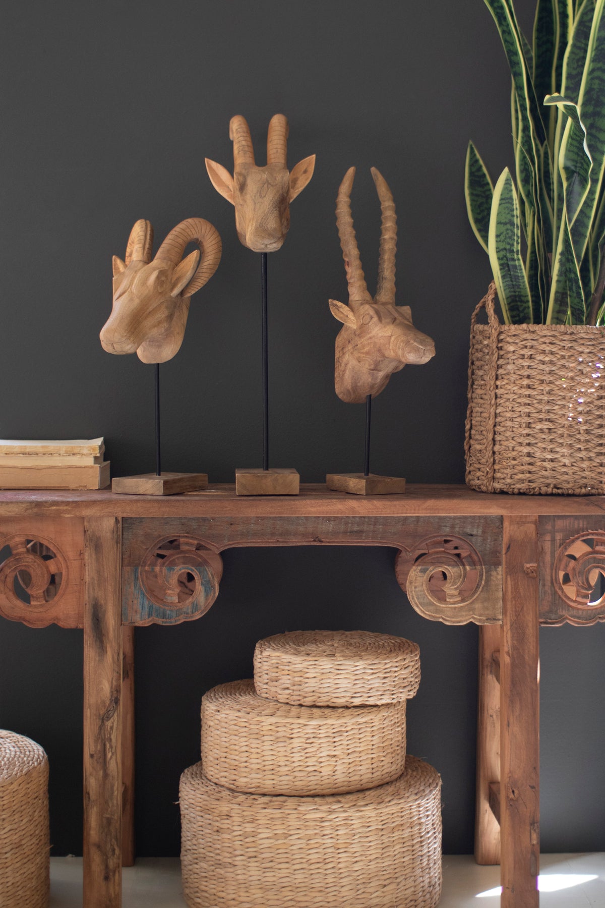 Set of Three Carved Mango Wood African Animal Heads