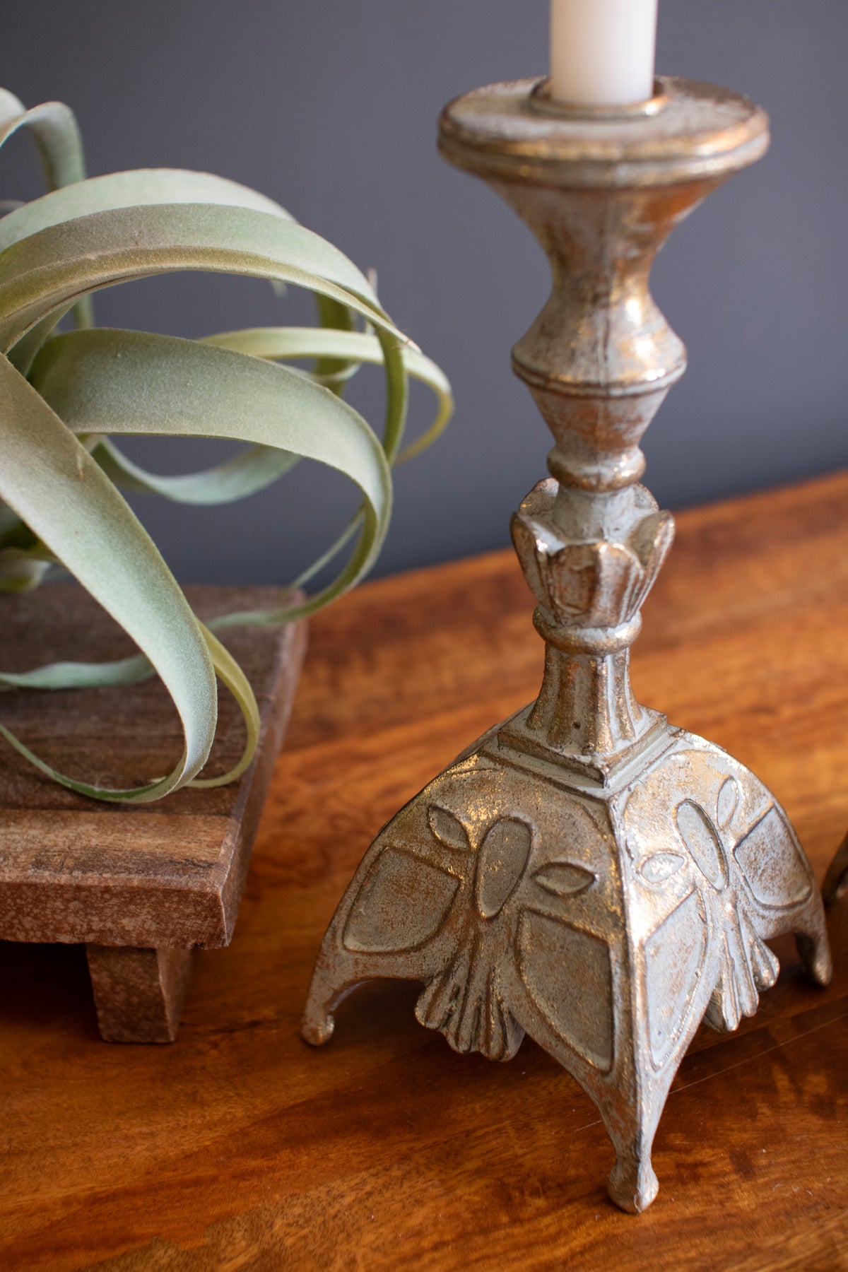 Set of Two Resin Antique Brass Taper Candle Stands