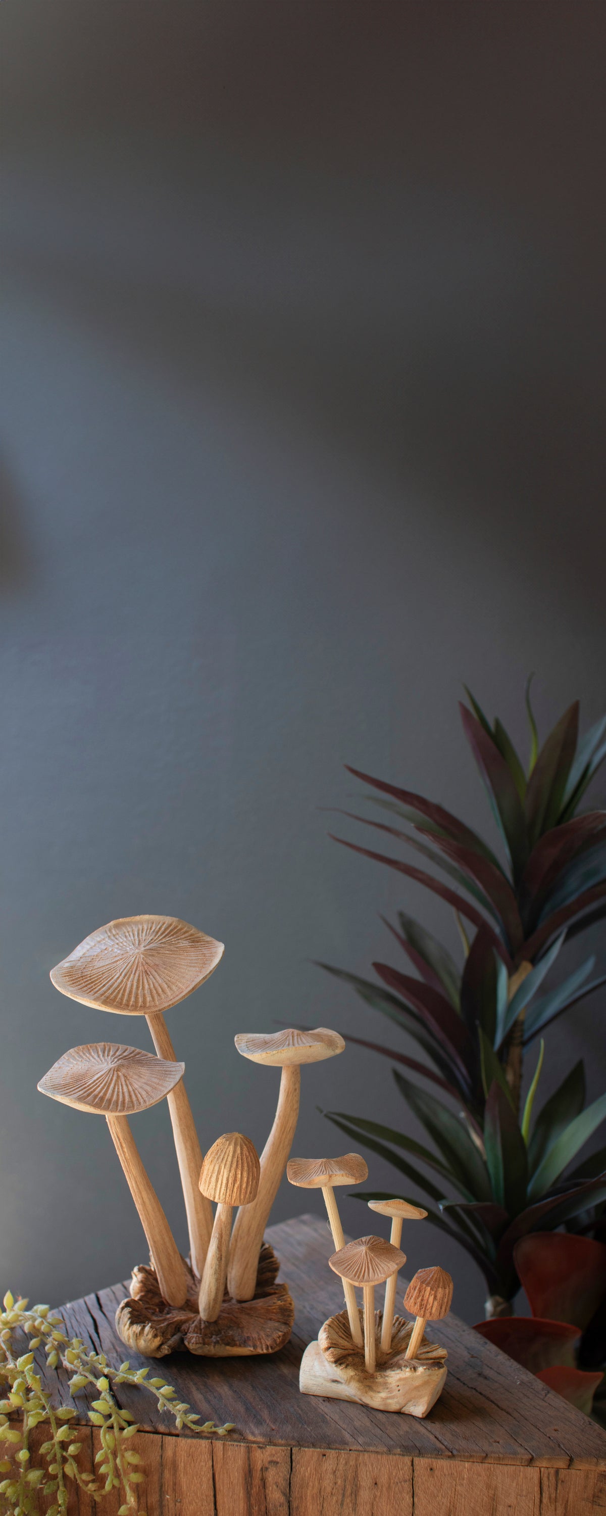 Set of Two Hand-Carved Teak Wood Mushroom Clusters