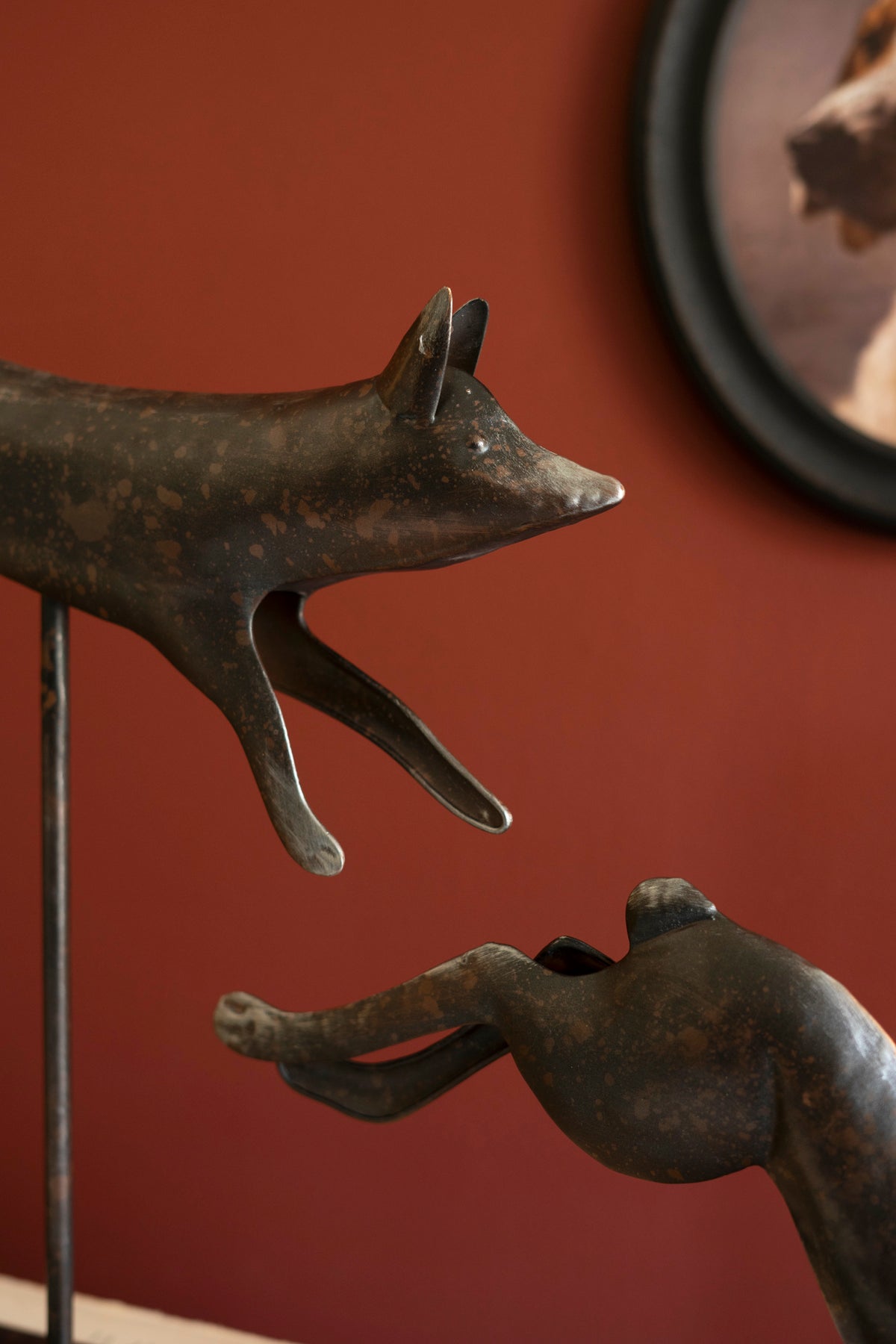 Set of Two Metal Fox and Rabbit on Stands