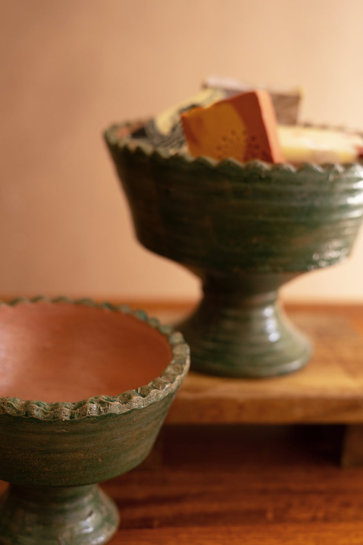 Set of Two Clay Compotes - Green and Terracotta