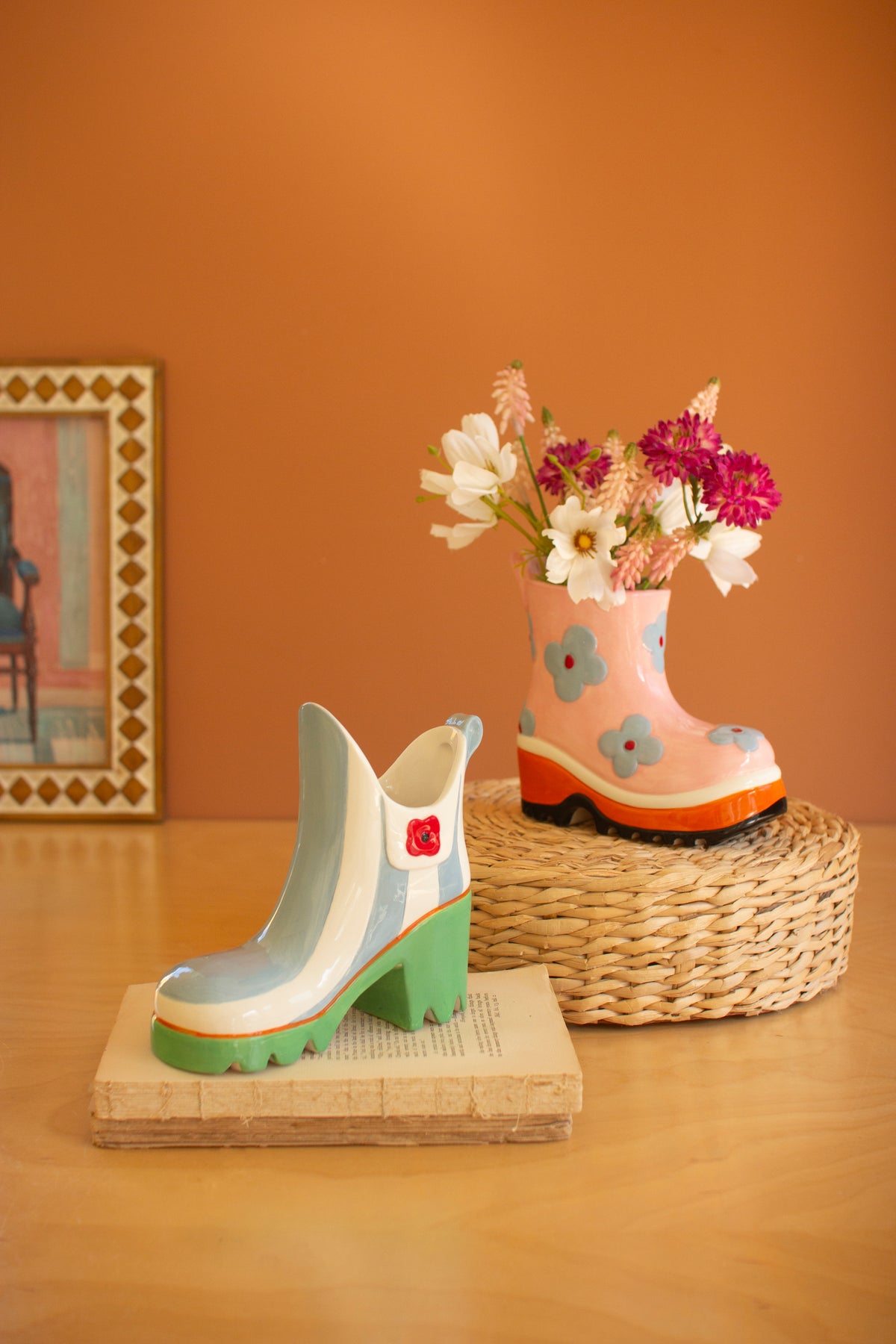 Set of Two Ceramic Colorful Rubber Boot Vases
