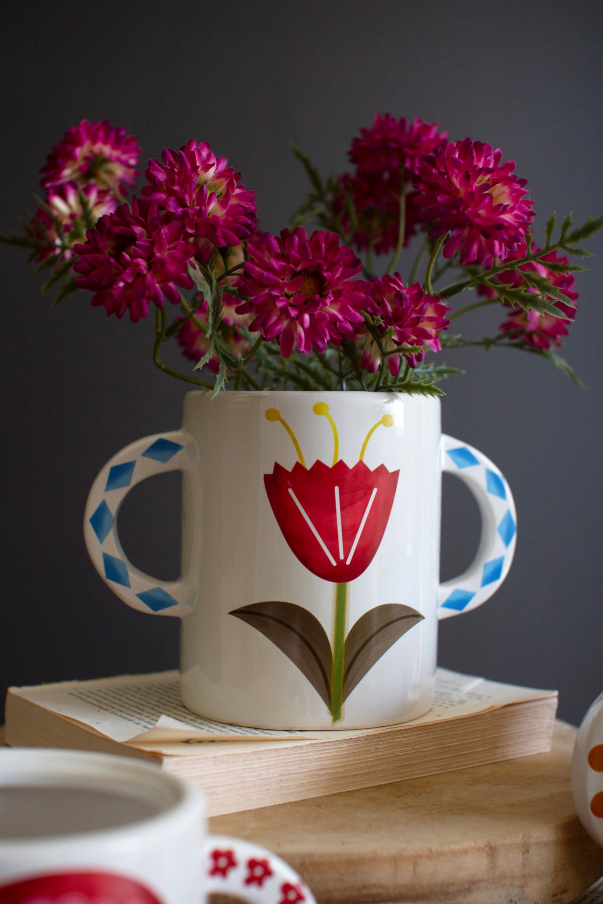 Set of Three Ceramic Doule Handle Vases with Flowers