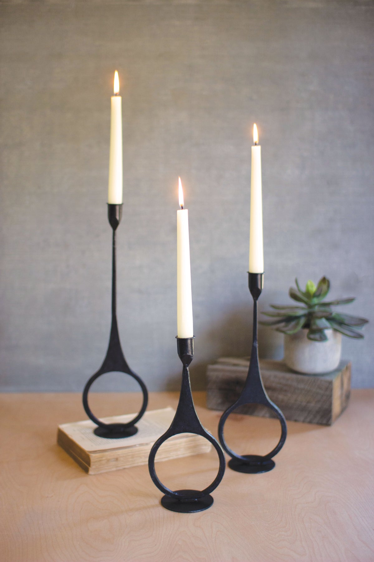 Set of Three Cast Iron Taper Candle Holders W Ring Detail