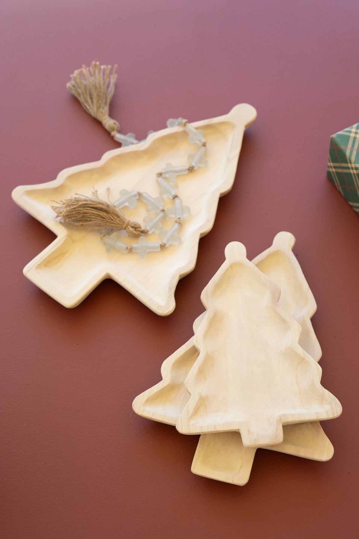Set of Three Carved Wood Christmas Tree Platters
