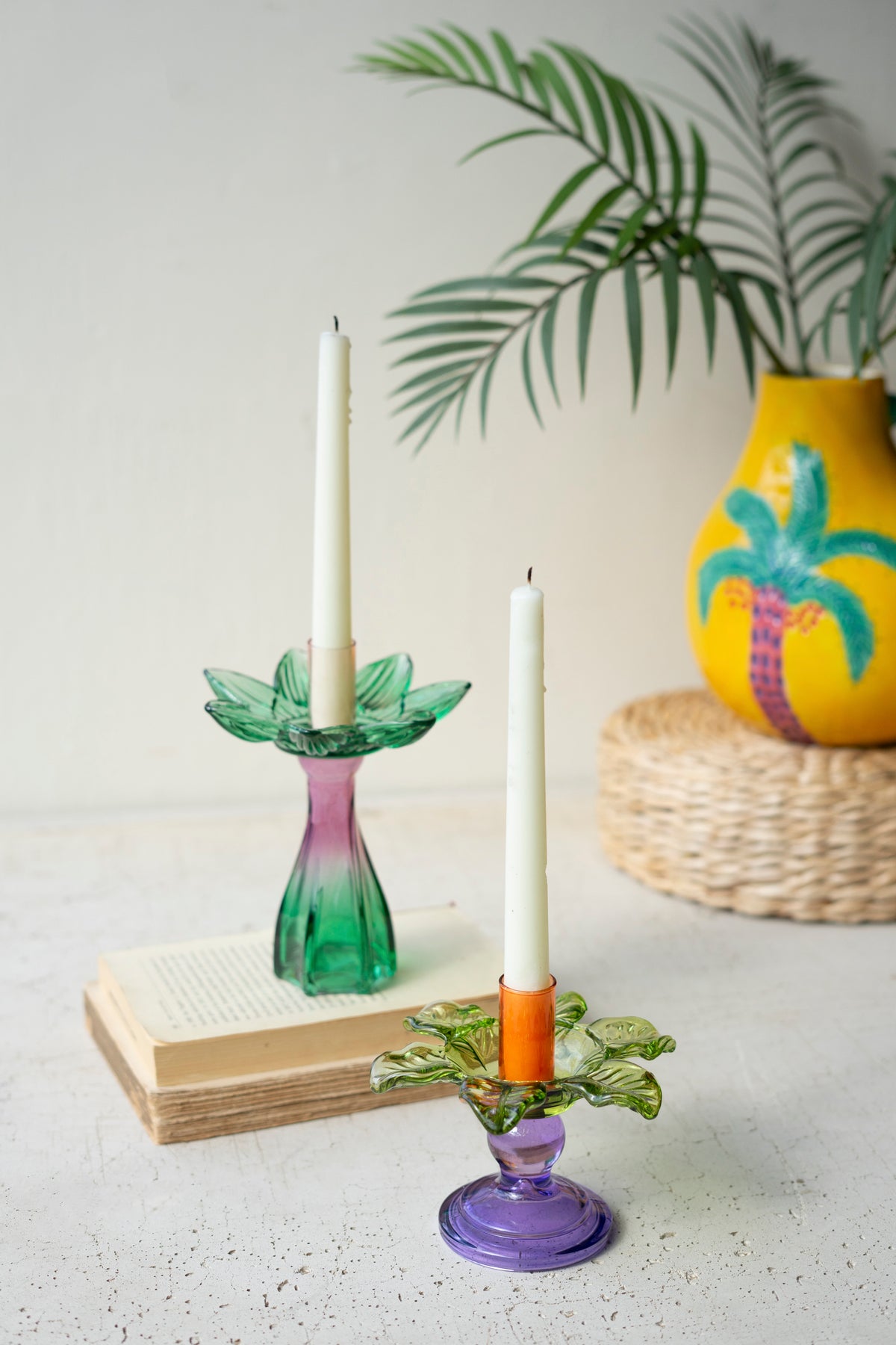 Set of Two Colored Glass Flower Taper Candle Holders