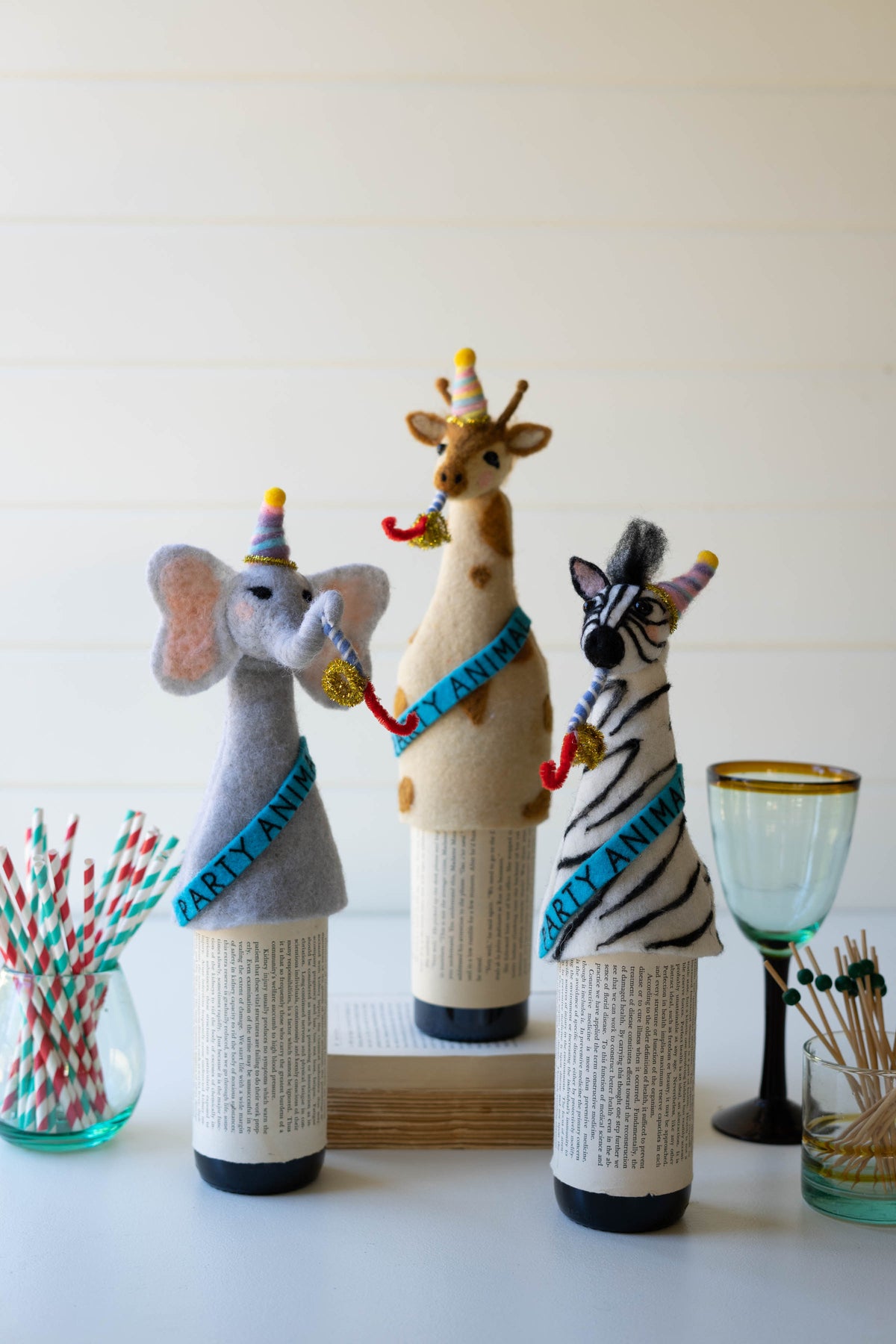 Set of Three Felt Party Animal Bottle Toppers - One Each Design