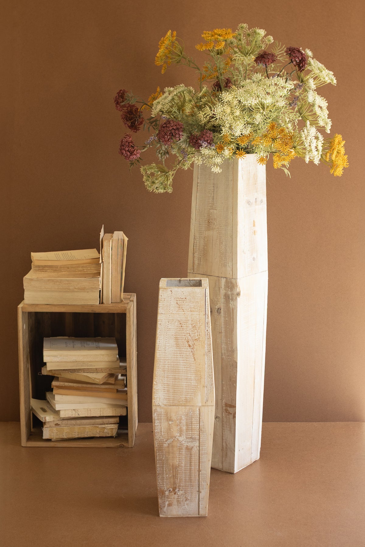 Set of Two White-Washed Tall Oblong Wooden Vases