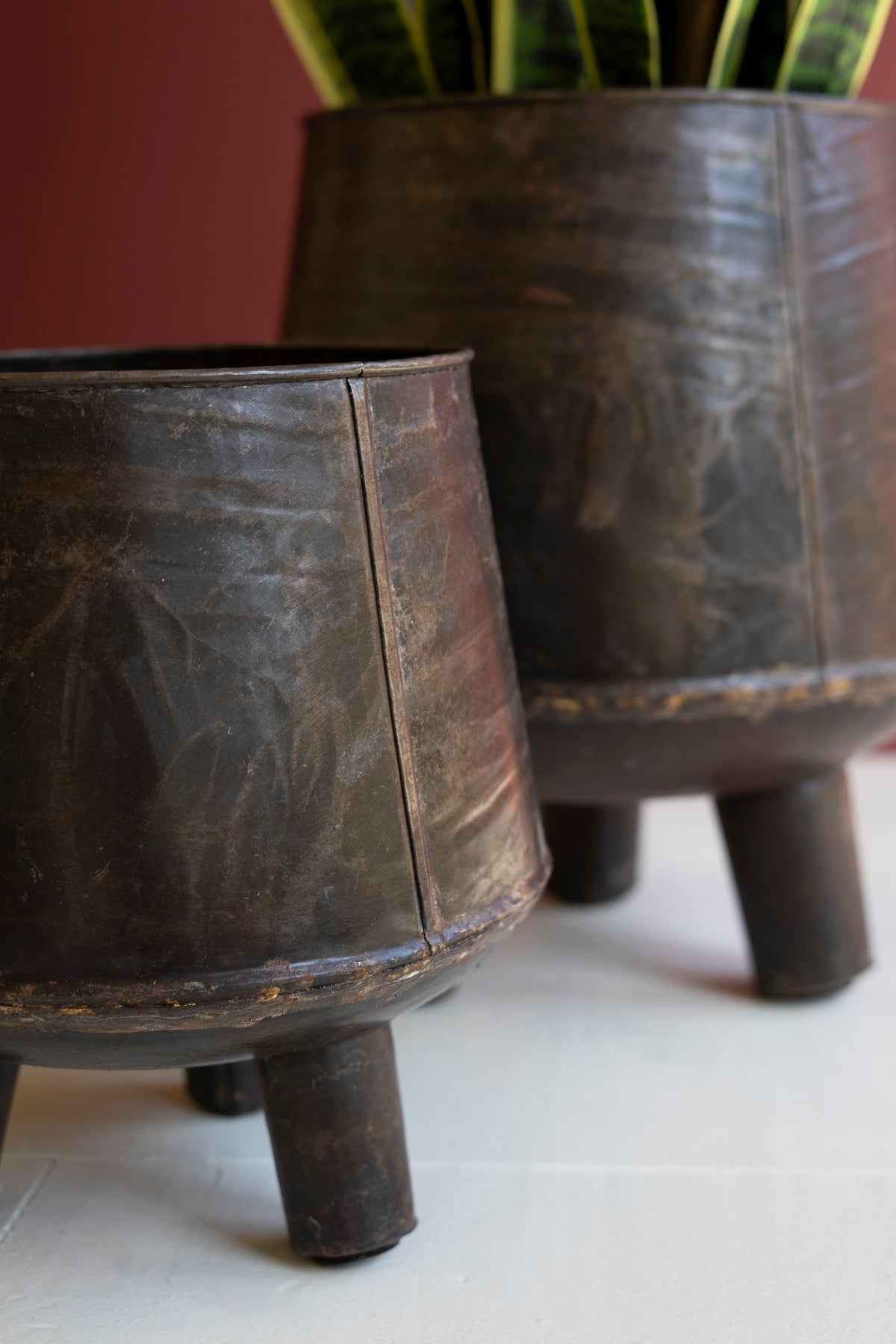 Set of Two Hand - Hammered Iron Planters with Legs