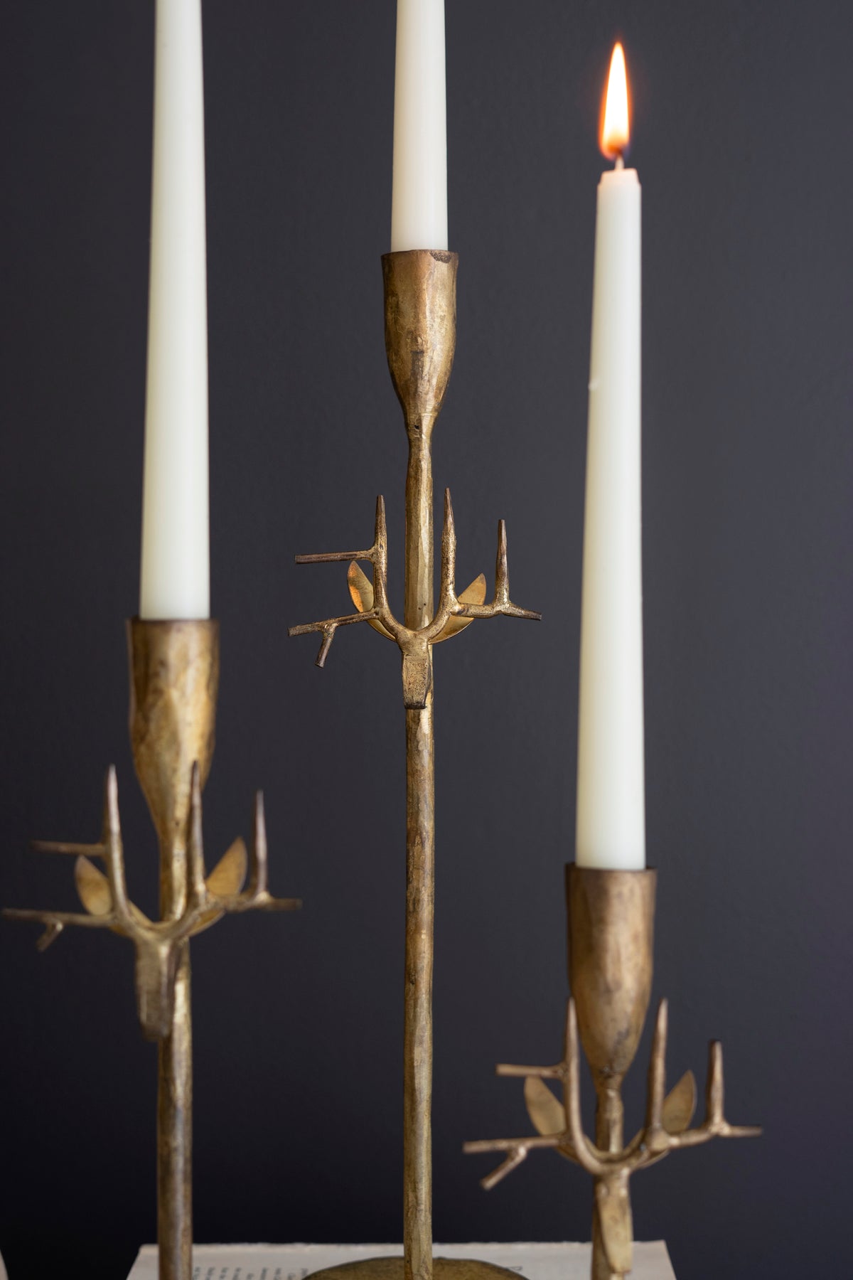 Set of Three Forged-Iron Deer Antique Gold Taper Holders