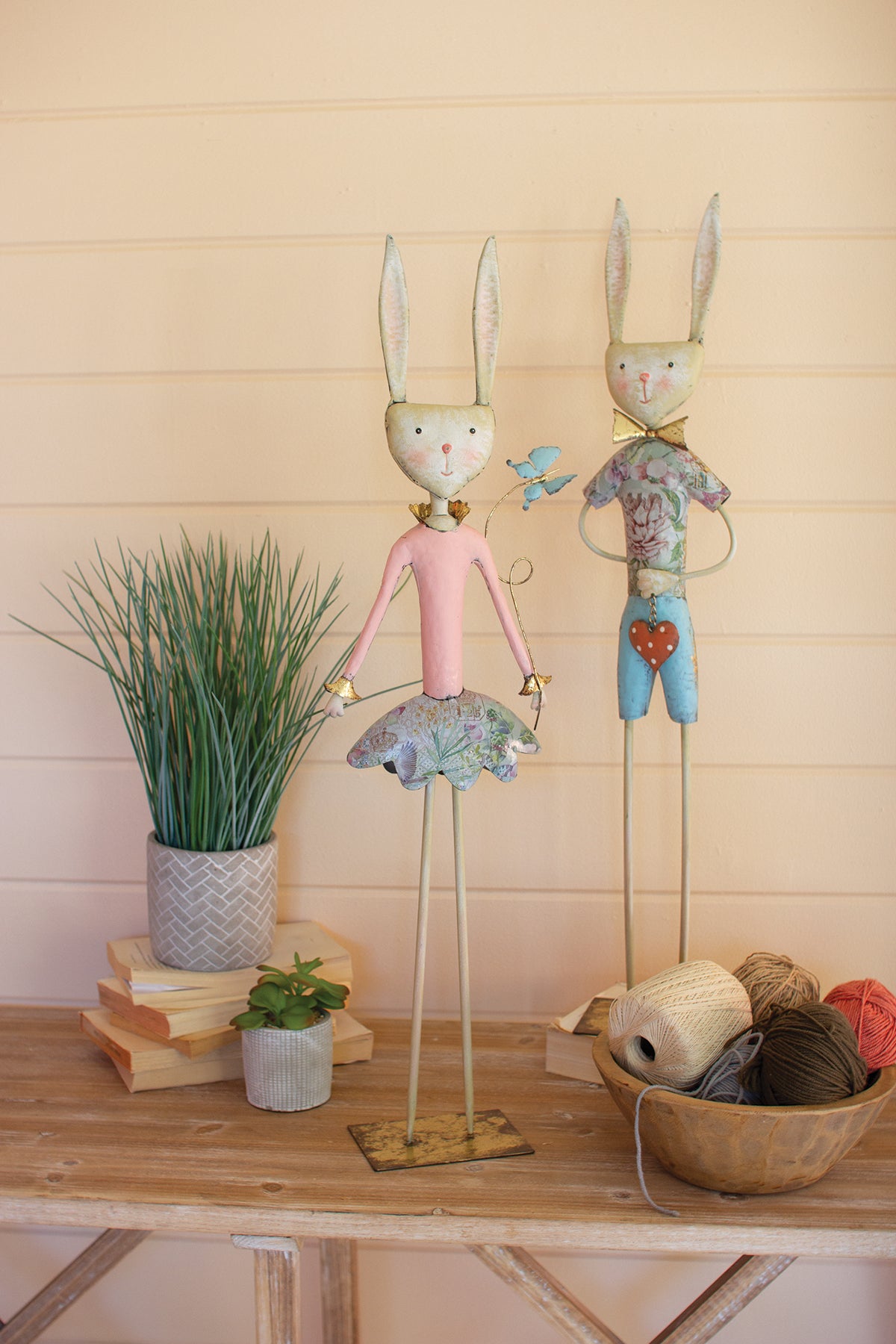 Set of Two Painted Metal Long-Legged Boy and Girl Rabbits