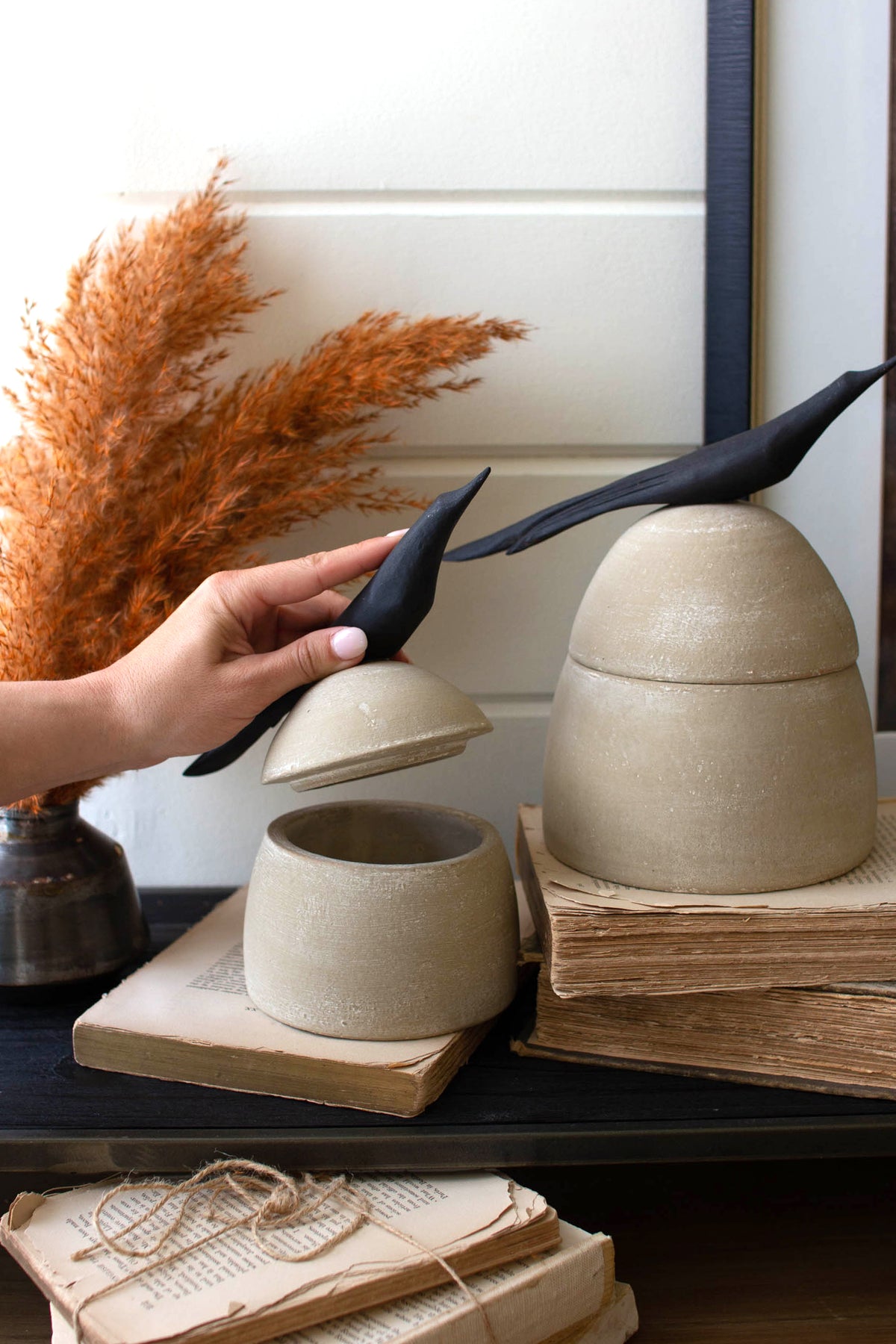 Set of Two Clay Canisters with Wooden Bird Handles