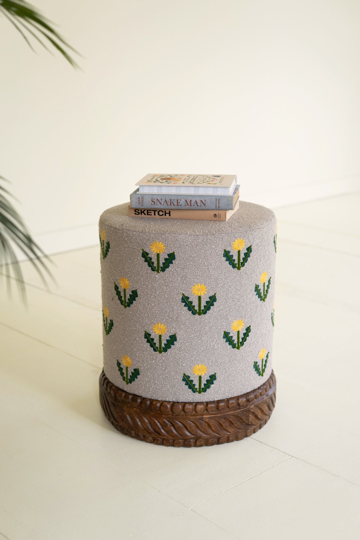 Upholstered Ottoman with Carved Wood Base - Grey
