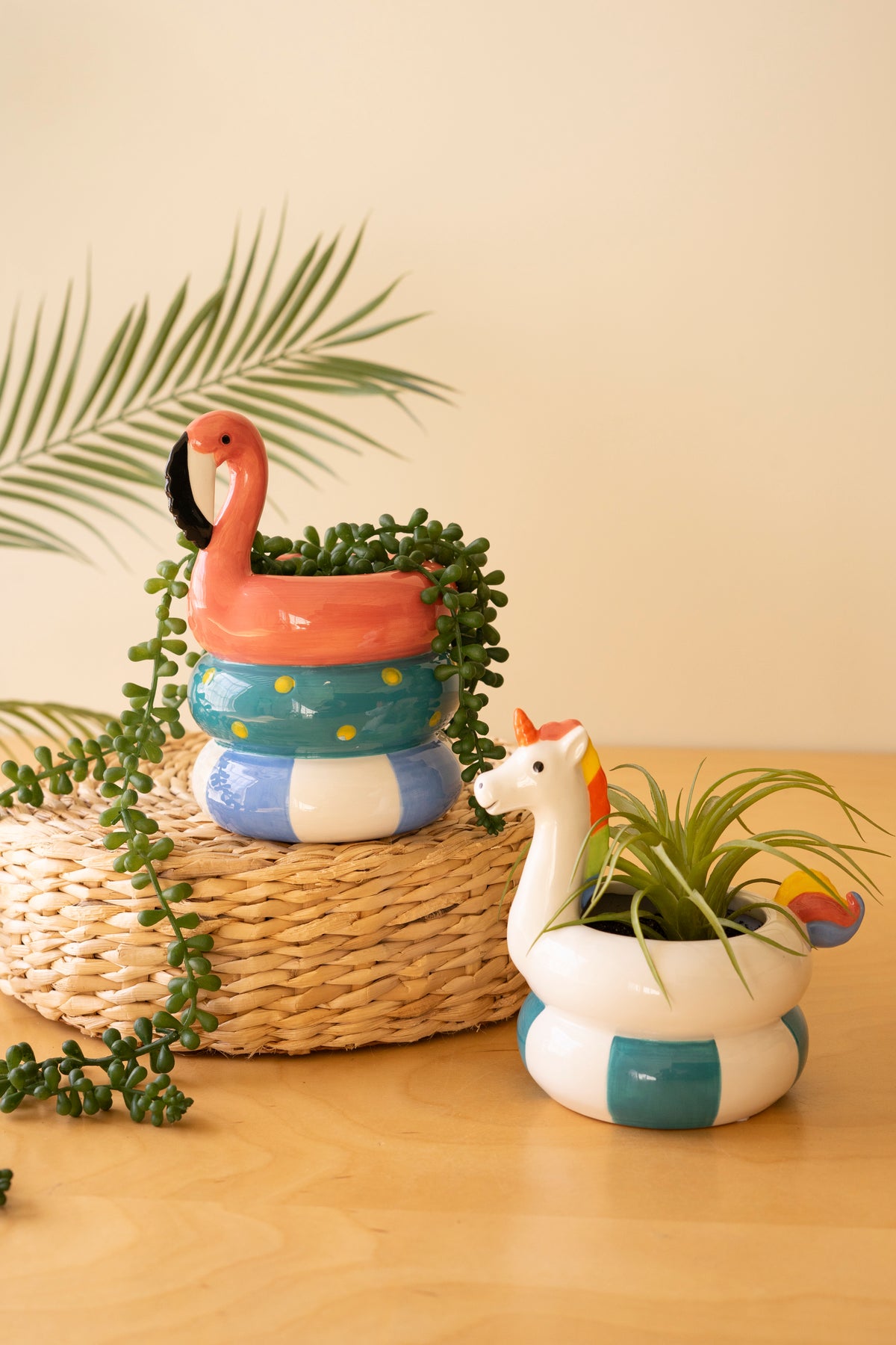 Set of Two Ceramic Flamingo and Unicorn Swimring Vases