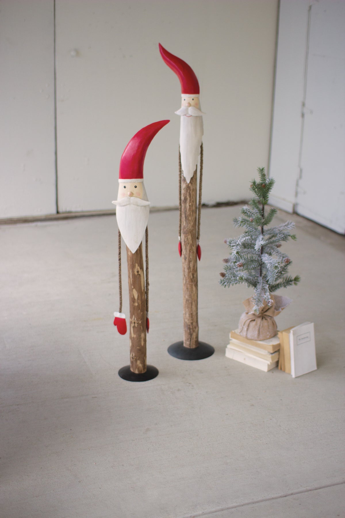 Set of Two Wood and Painted Metal Santas with Rope Arms