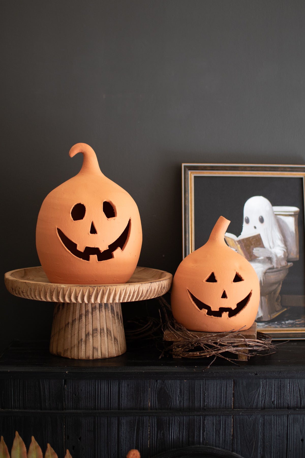 Set of Two Terracotta Clay Jack-O-Lanterns