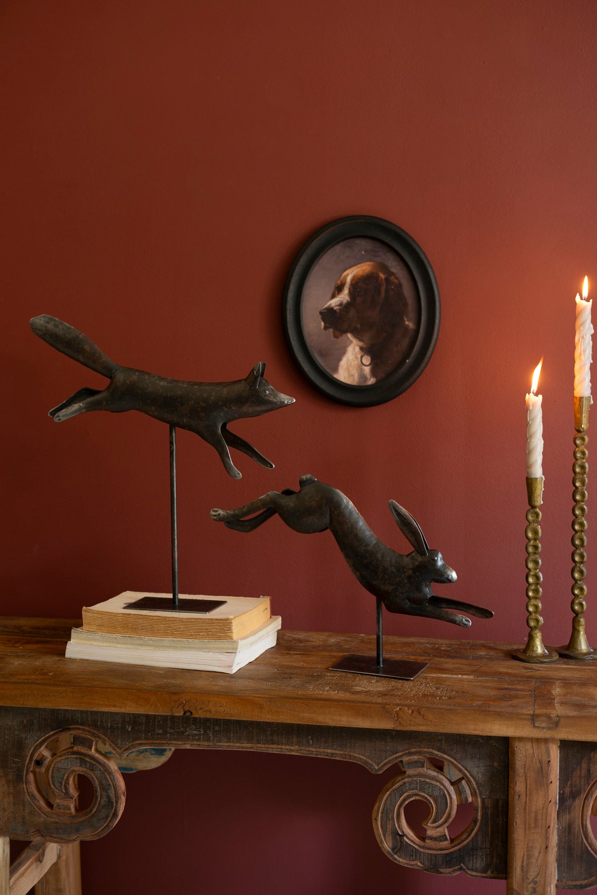 Set of Two Metal Fox and Rabbit on Stands